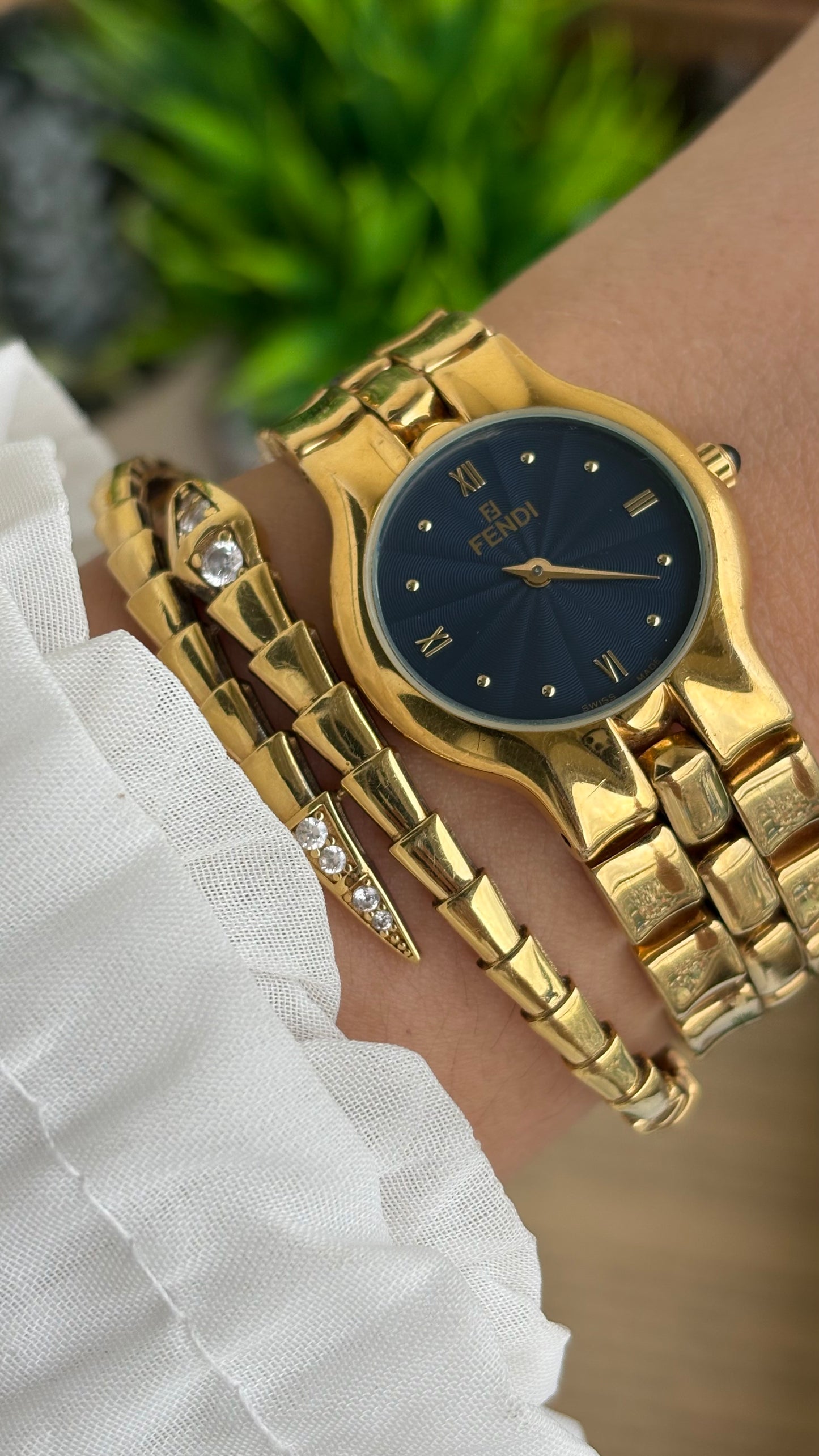 Vintage Fendi Watch in Gold Tone Midnight Blue Dial Gold Filled