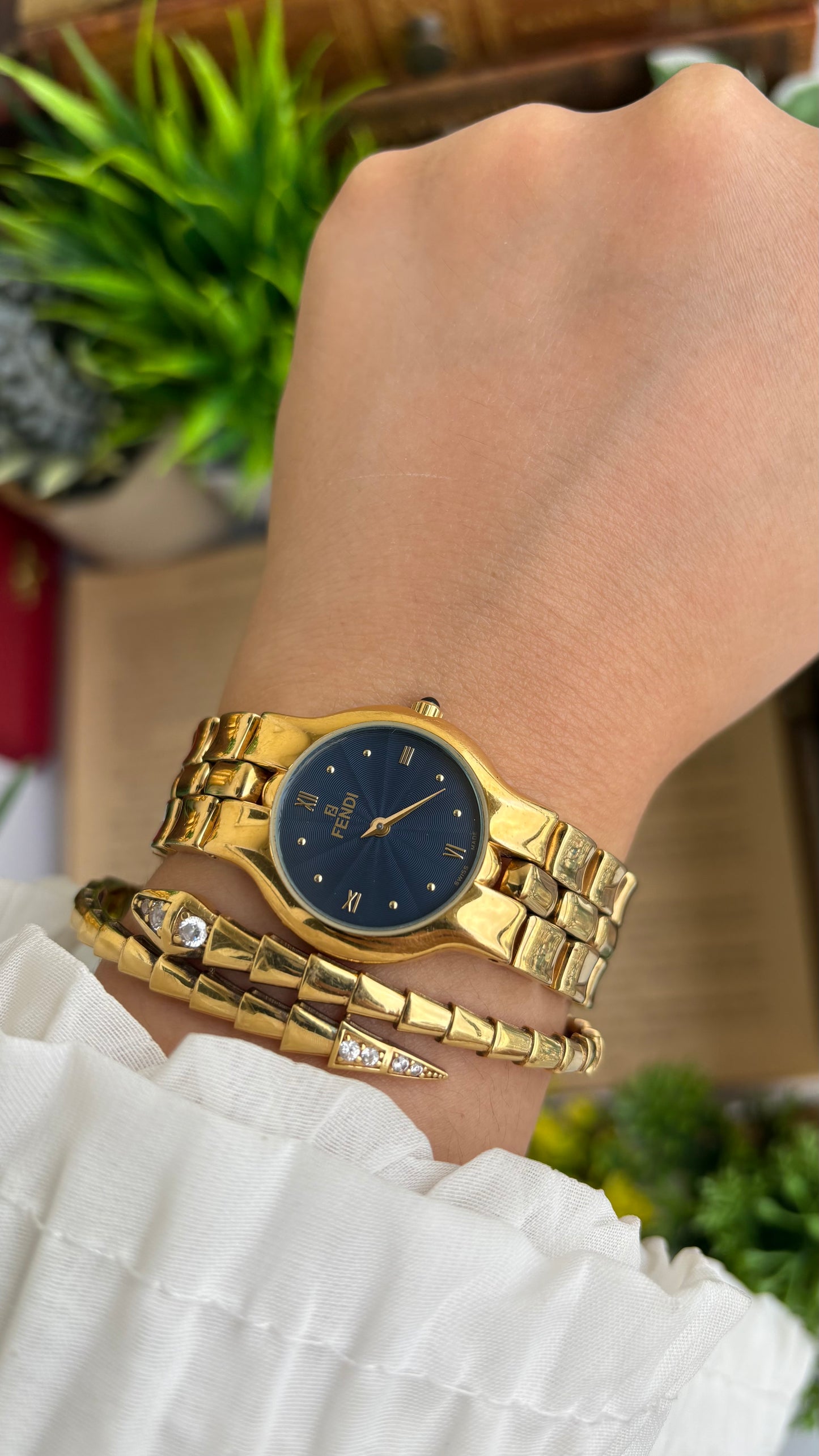Vintage Fendi Watch in Gold Tone Midnight Blue Dial Gold Filled