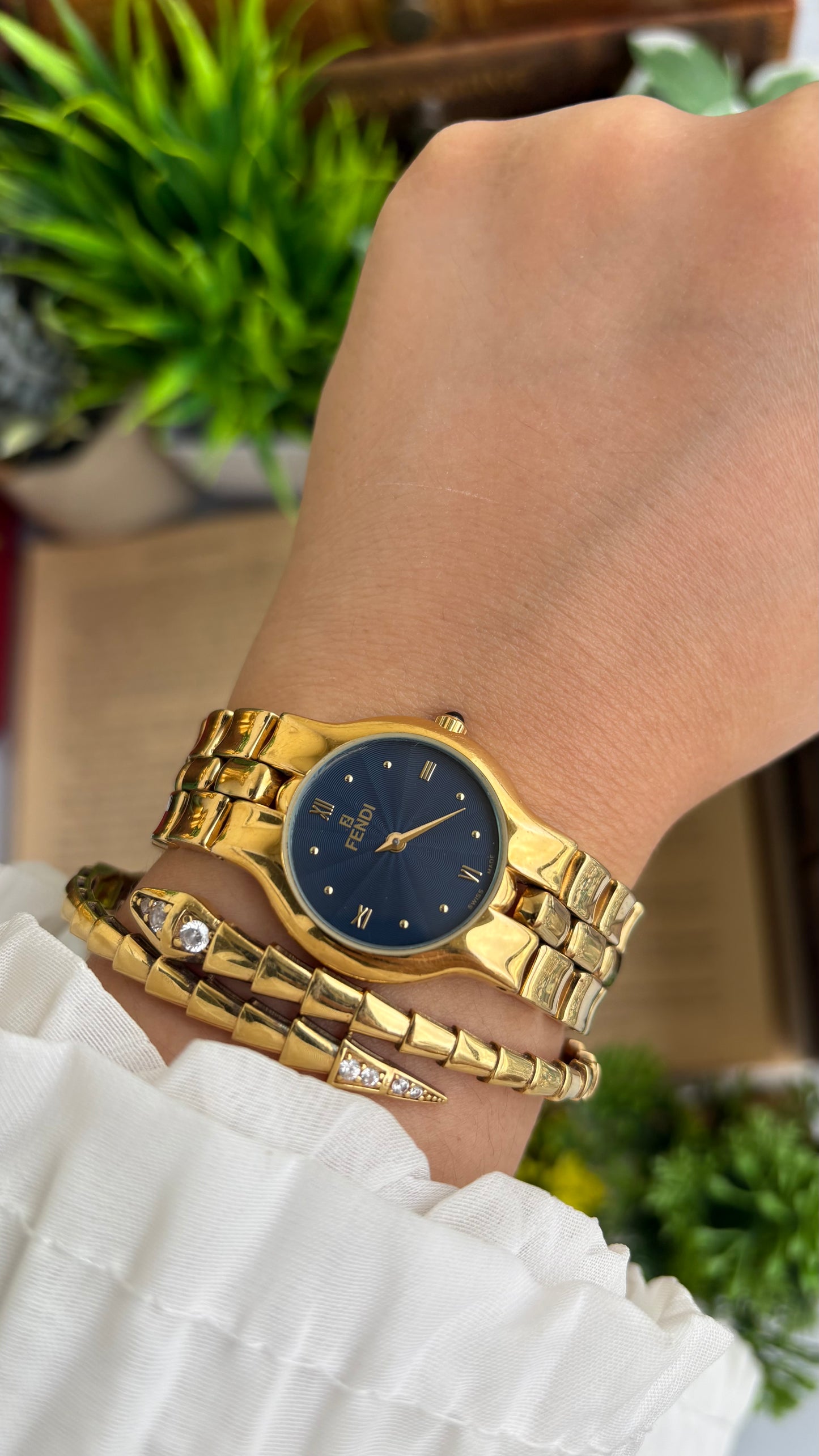 Vintage Fendi Watch in Gold Tone Midnight Blue Dial Gold Filled