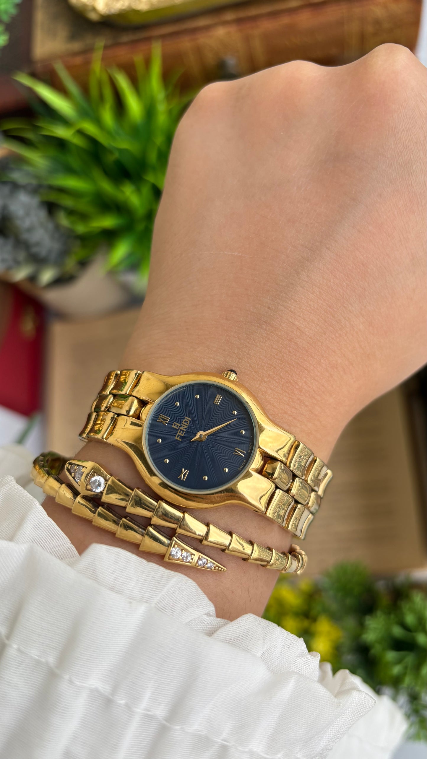 Vintage Fendi Watch in Gold Tone Midnight Blue Dial Gold Filled
