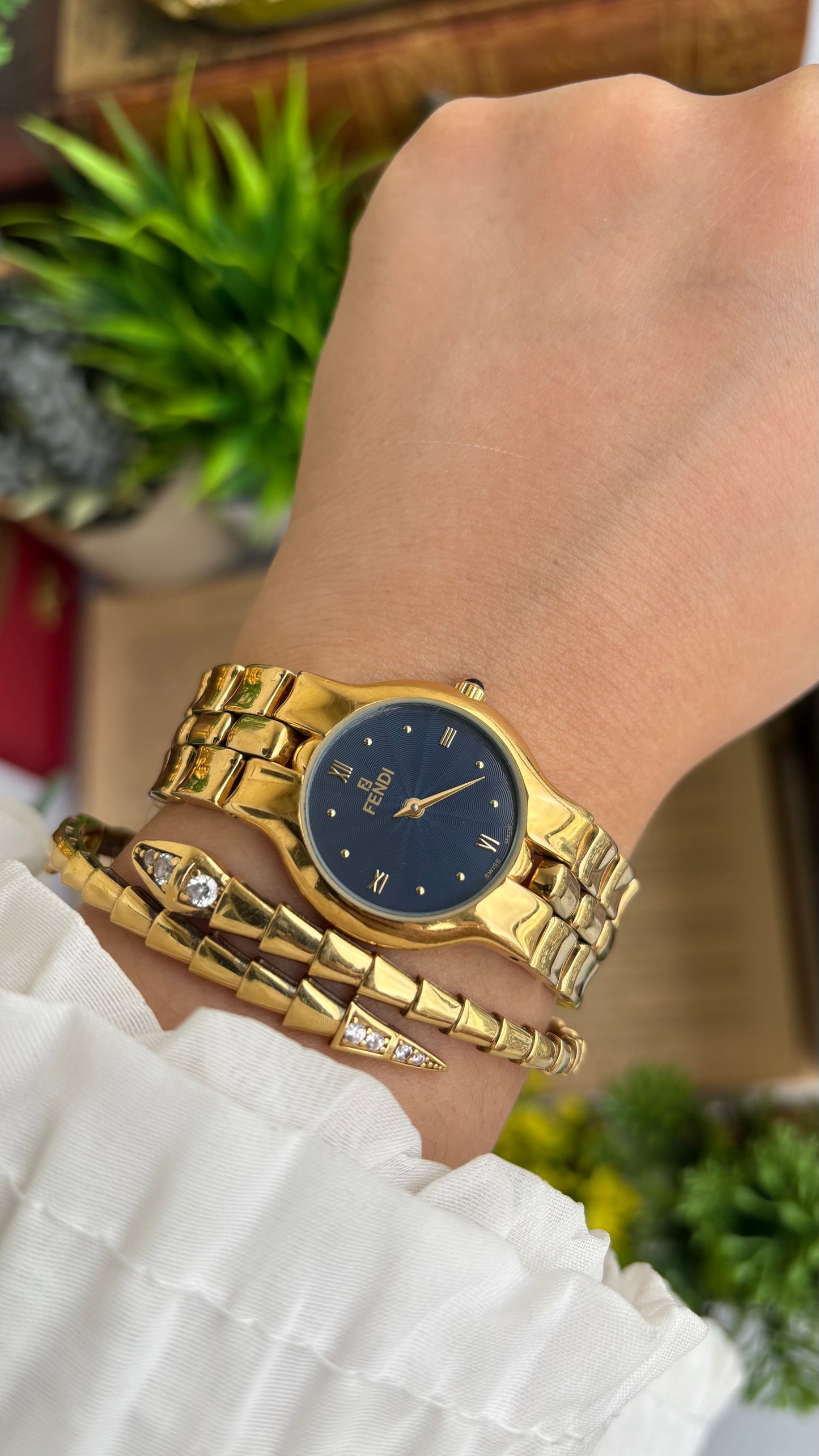Vintage Fendi Watch in Gold Tone Midnight Blue Dial Gold Filled