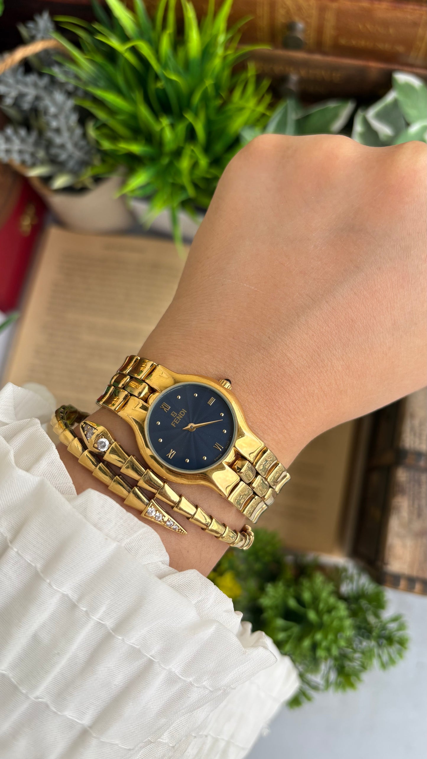 Vintage Fendi Watch in Gold Tone Midnight Blue Dial Gold Filled
