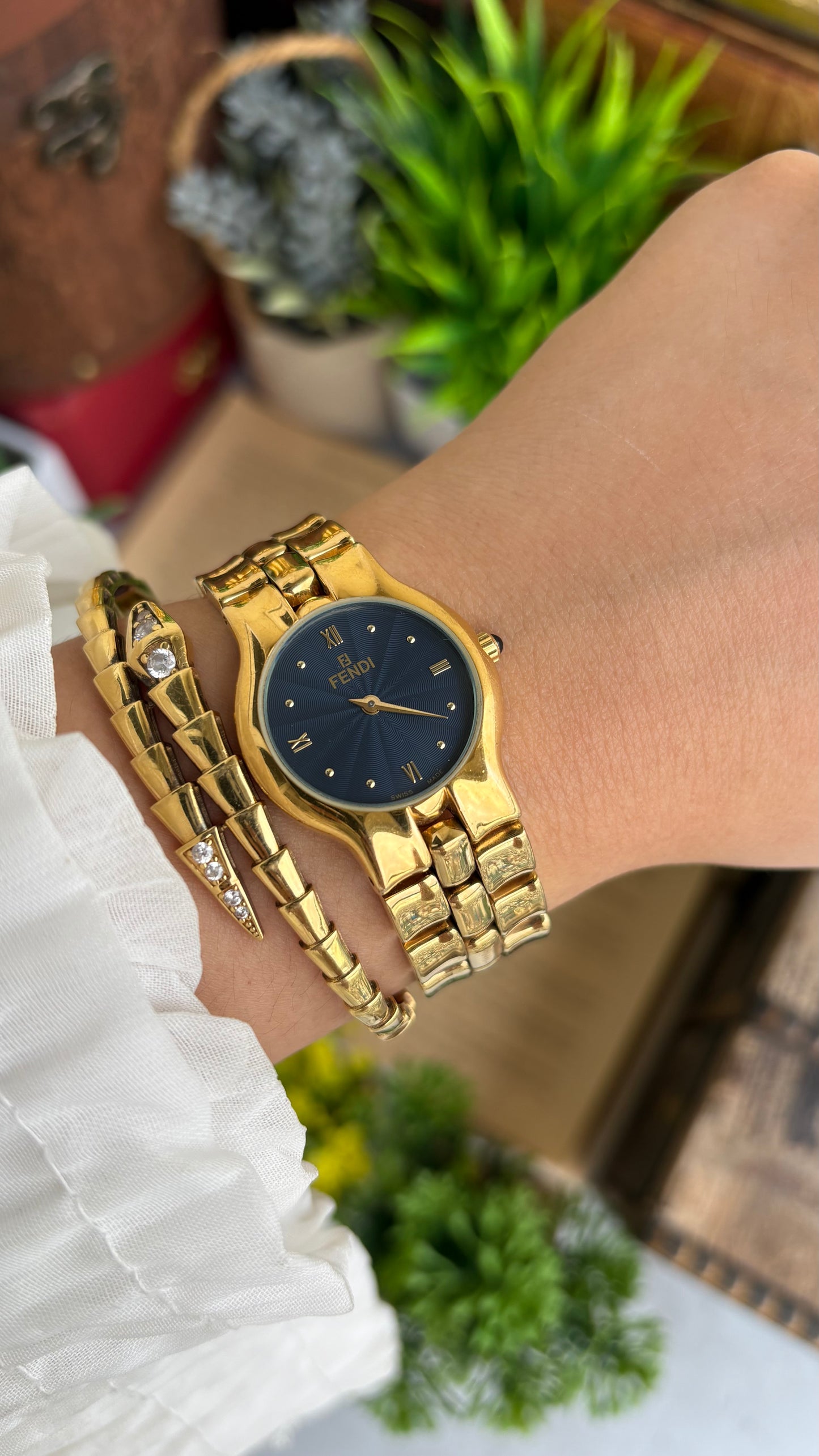 Vintage Fendi Watch in Gold Tone Midnight Blue Dial Gold Filled