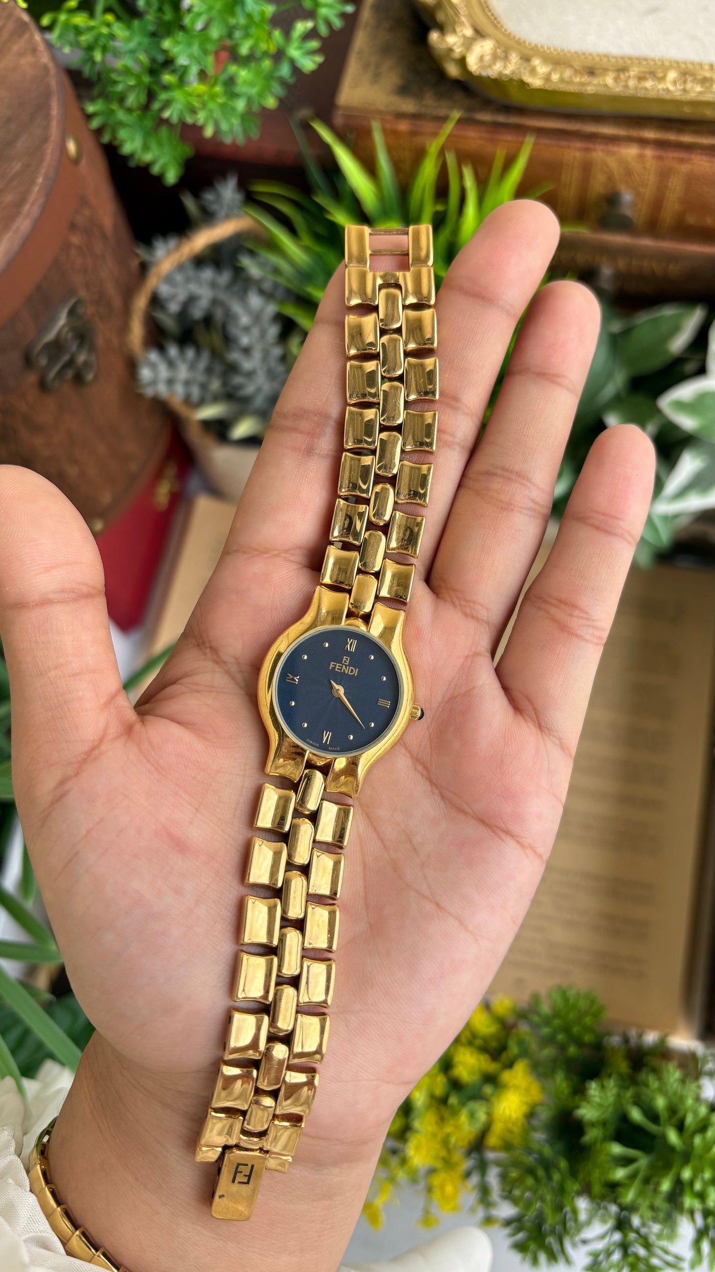 Vintage Fendi Watch in Gold Tone Midnight Blue Dial Gold Filled