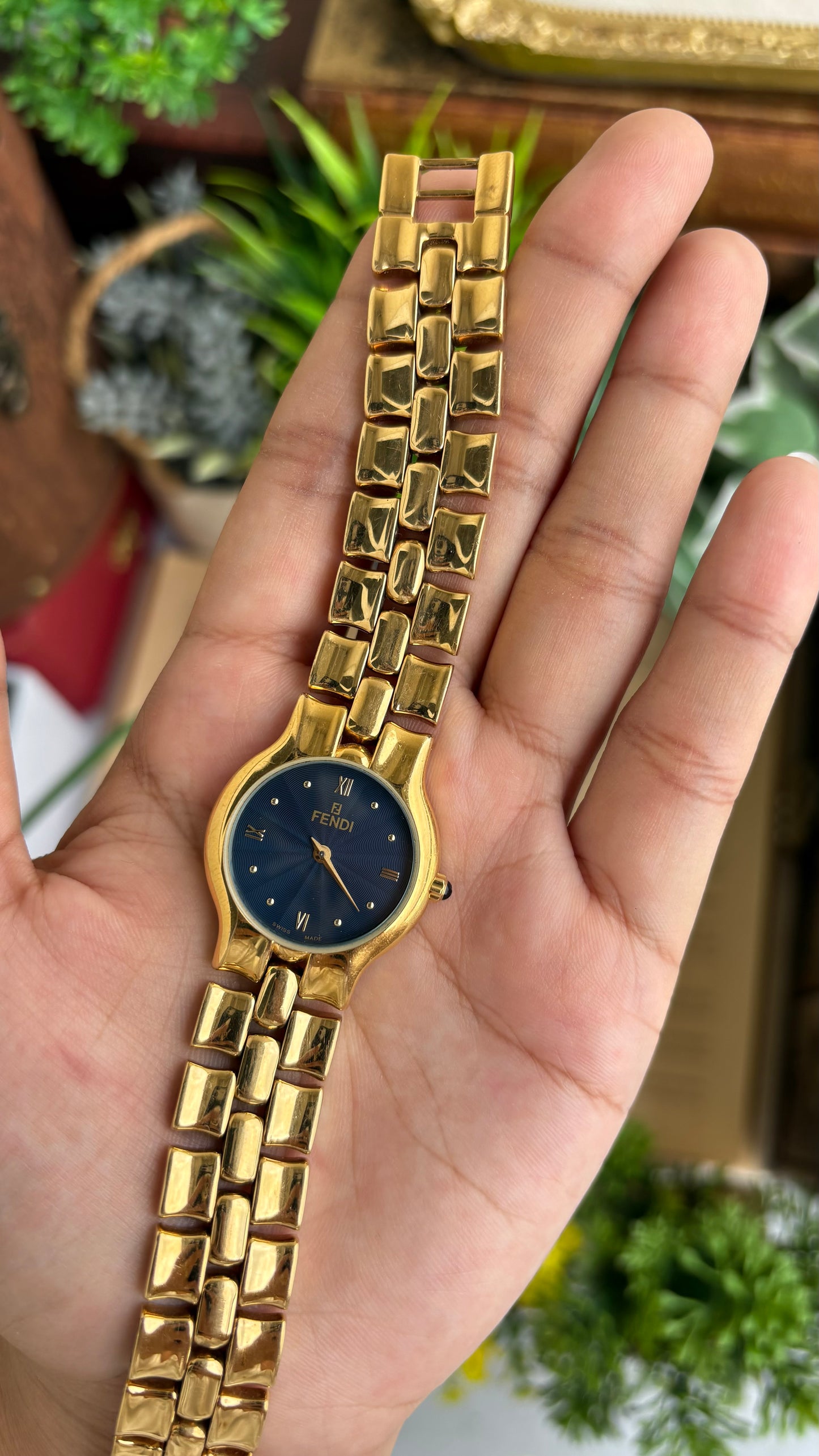 Vintage Fendi Watch in Gold Tone Midnight Blue Dial Gold Filled