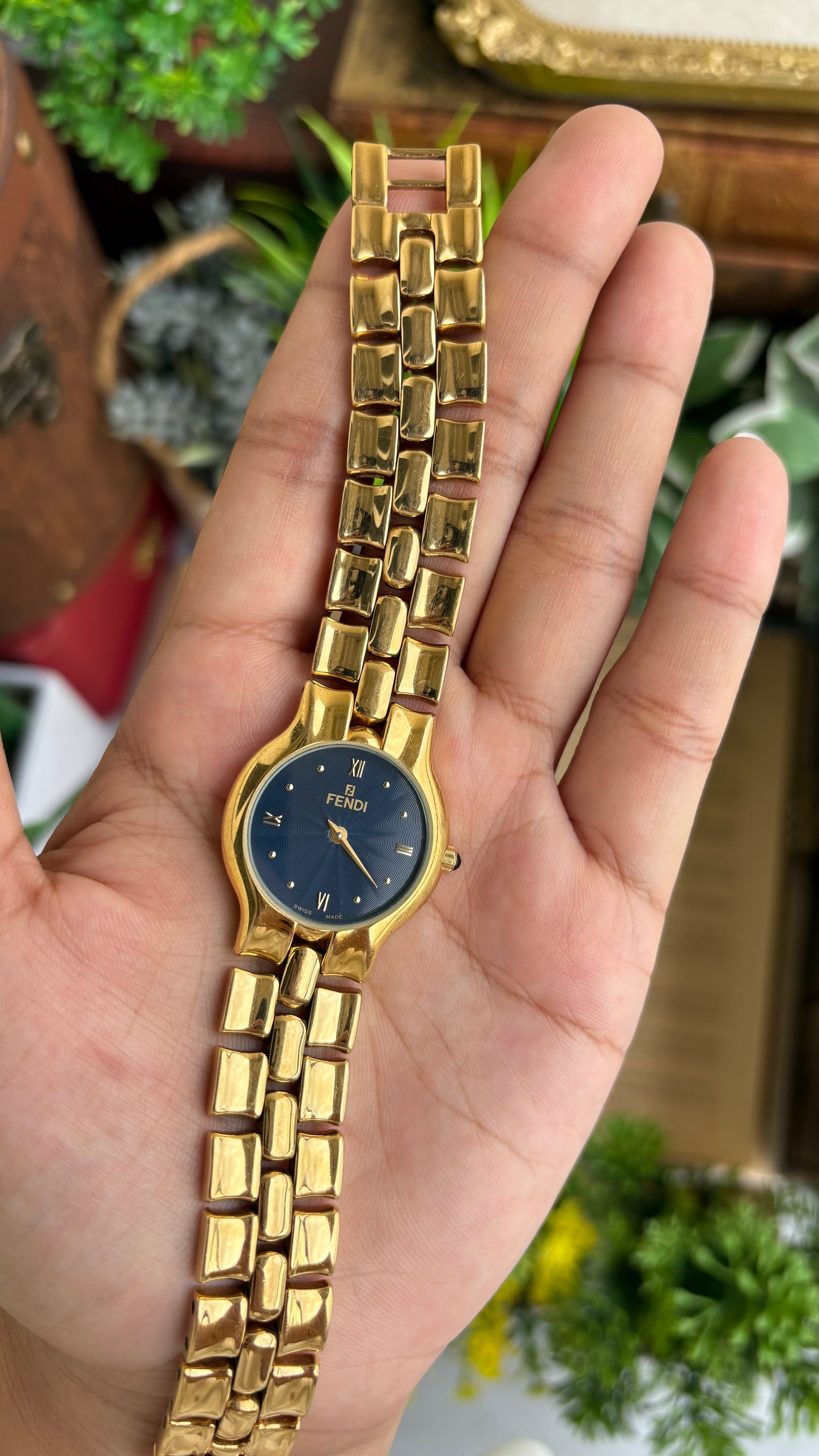Vintage Fendi Watch in Gold Tone Midnight Blue Dial Gold Filled