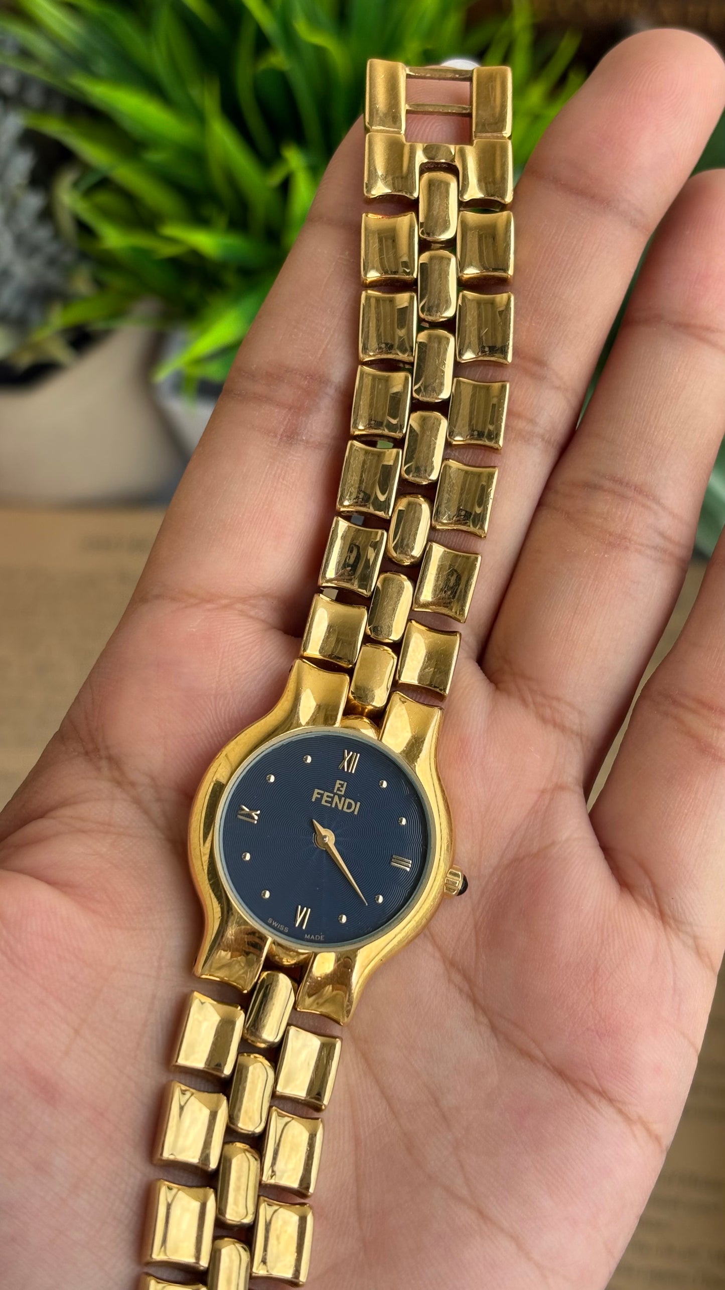 Vintage Fendi Watch in Gold Tone Midnight Blue Dial Gold Filled