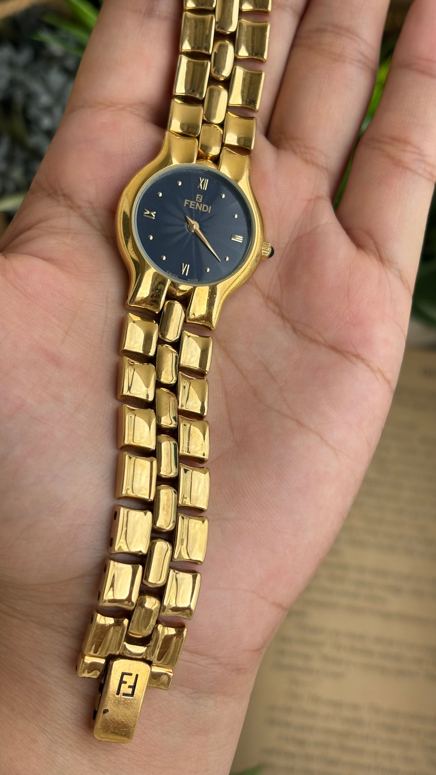 Vintage Fendi Watch in Gold Tone Midnight Blue Dial Gold Filled