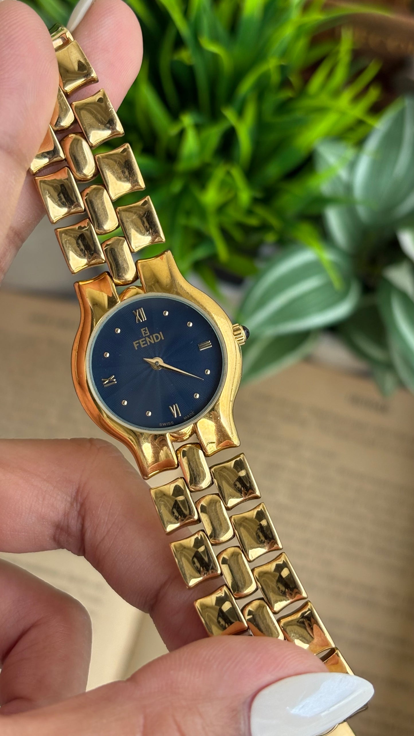 Vintage Fendi Watch in Gold Tone Midnight Blue Dial Gold Filled