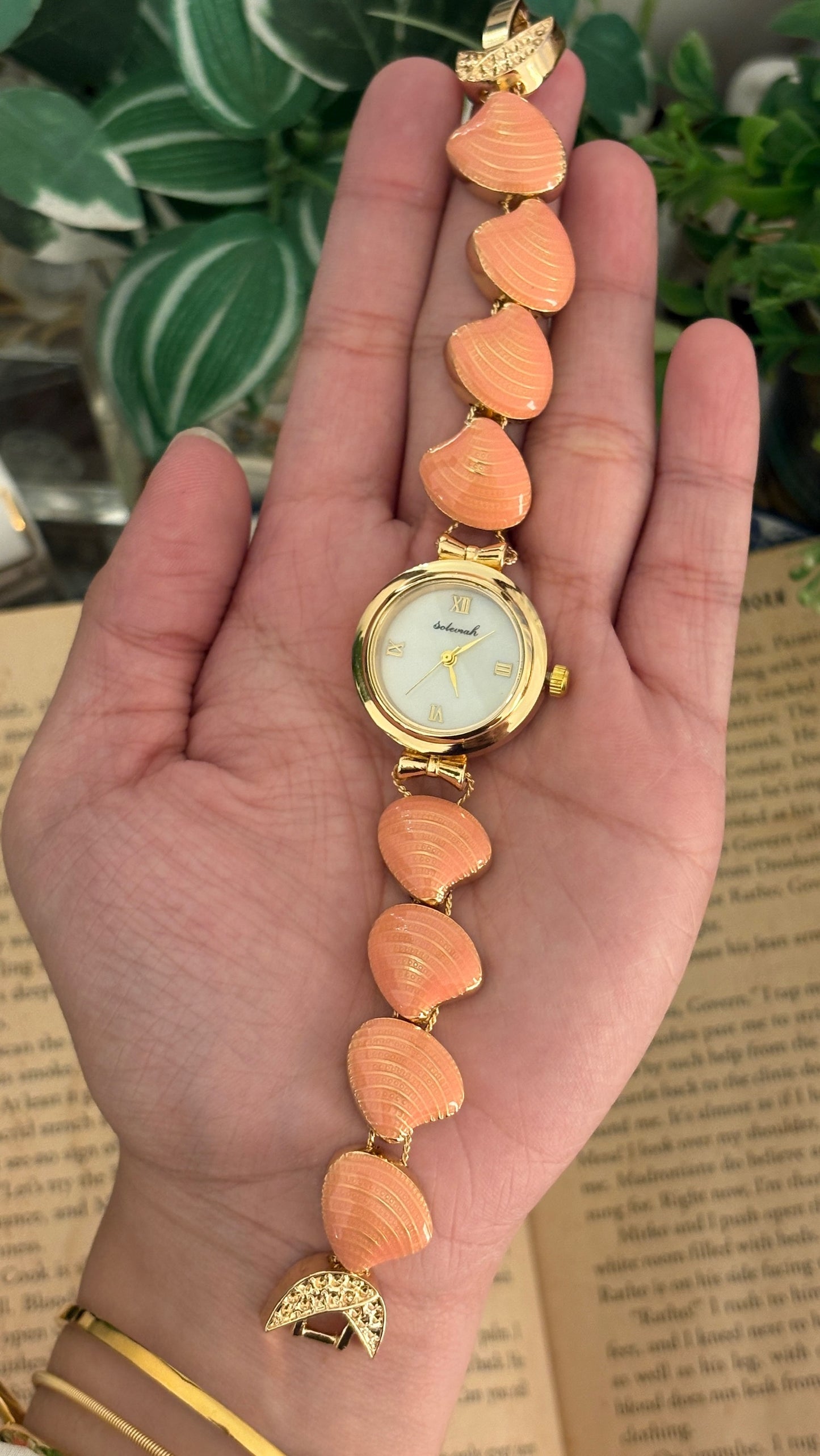 Rare Vintage Solecnah Mother of Pearl Dial Shell Bracelet Watch in Gold Tone Quartz