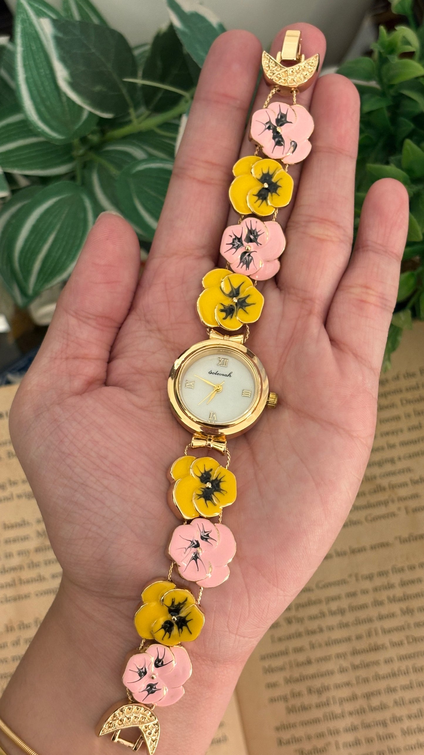 Vintage Solevrah Flower Bracelet Watch in Gold Tone Quartz