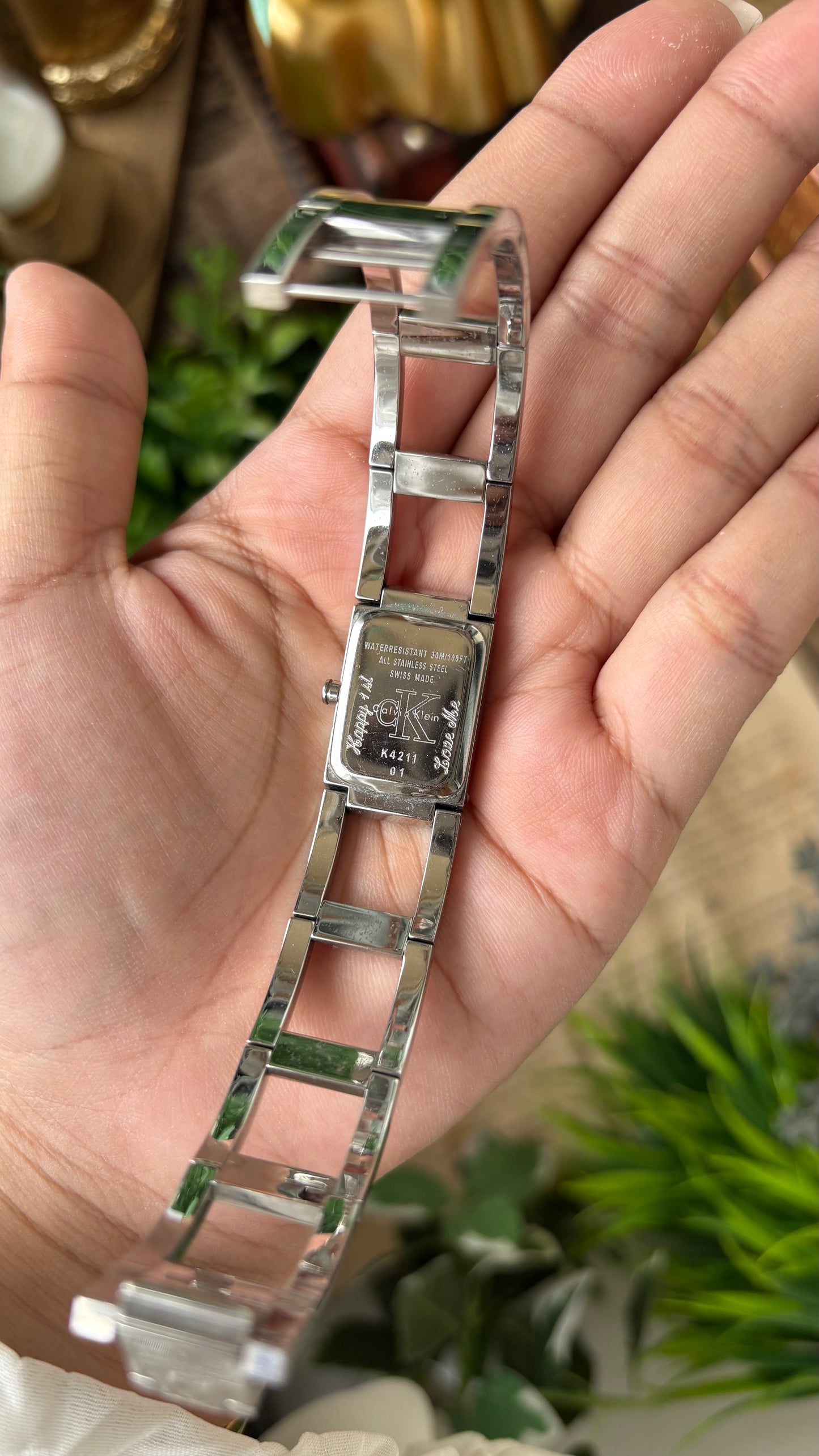 Vintage Calvin Klein Swiss Structured Chain Tank Watch in Silver Tone Quartz #00264