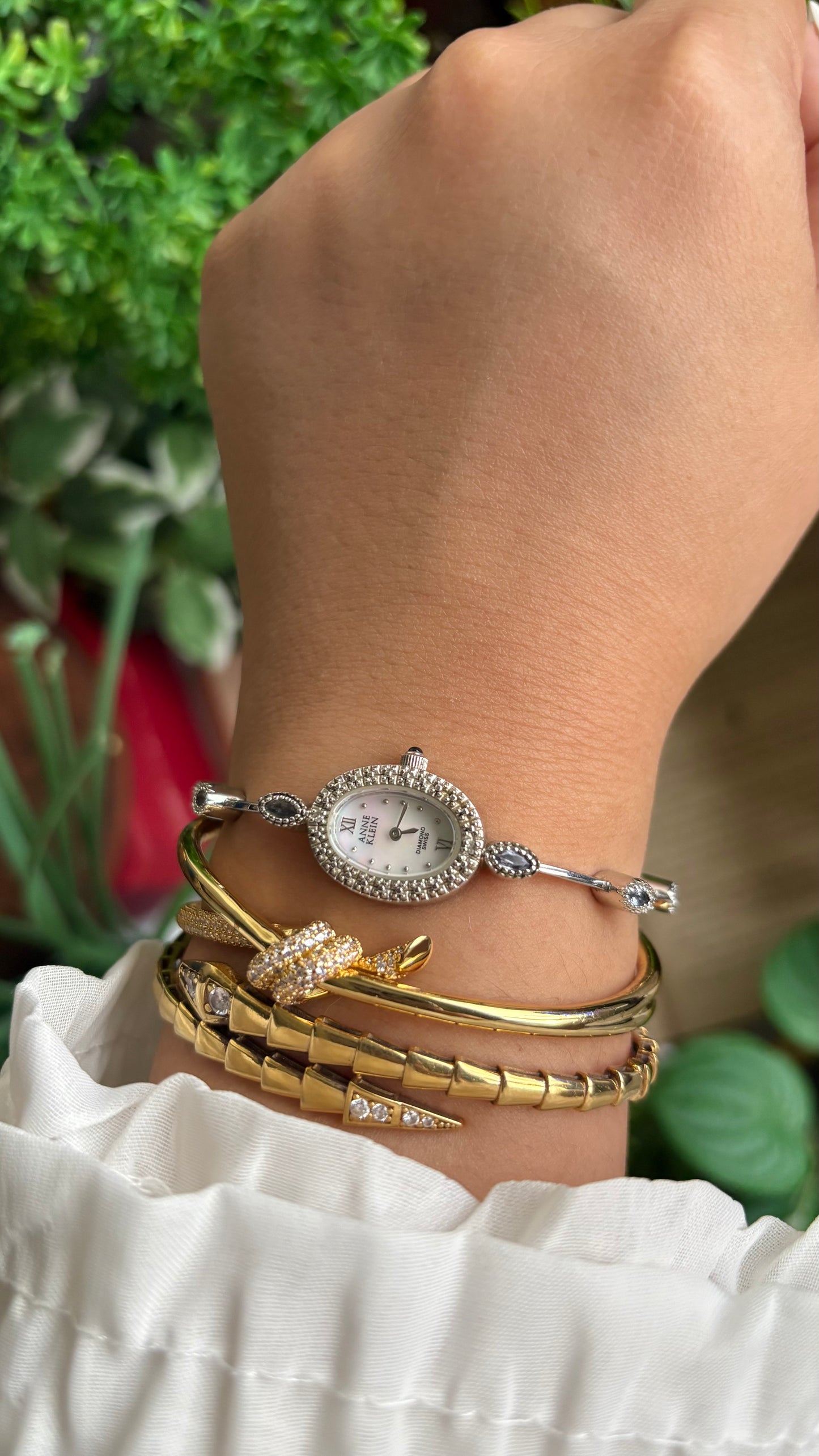 Vintage Anne Klein Swiss Watch in Silver Tone with Genuine Diamonds and Spinel Stone Mother of Pearl Dial
