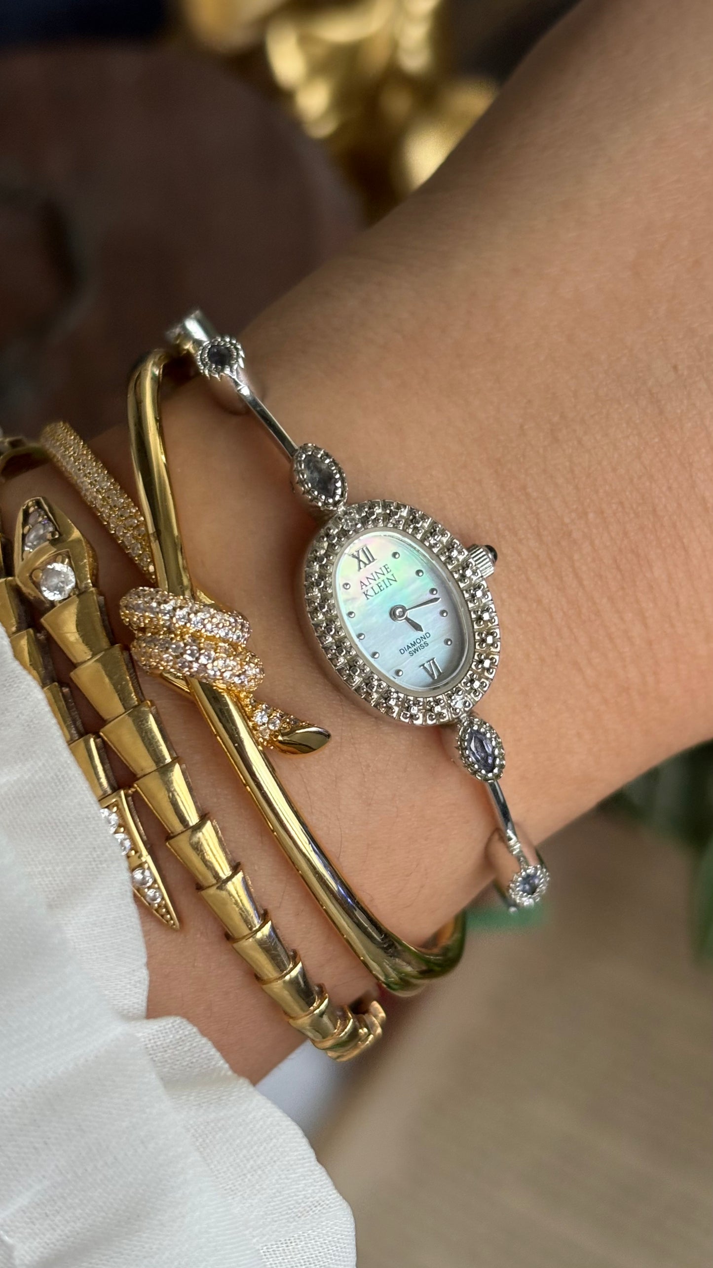 Vintage Anne Klein Swiss Watch in Silver Tone with Genuine Diamonds and Spinel Stone Mother of Pearl Dial