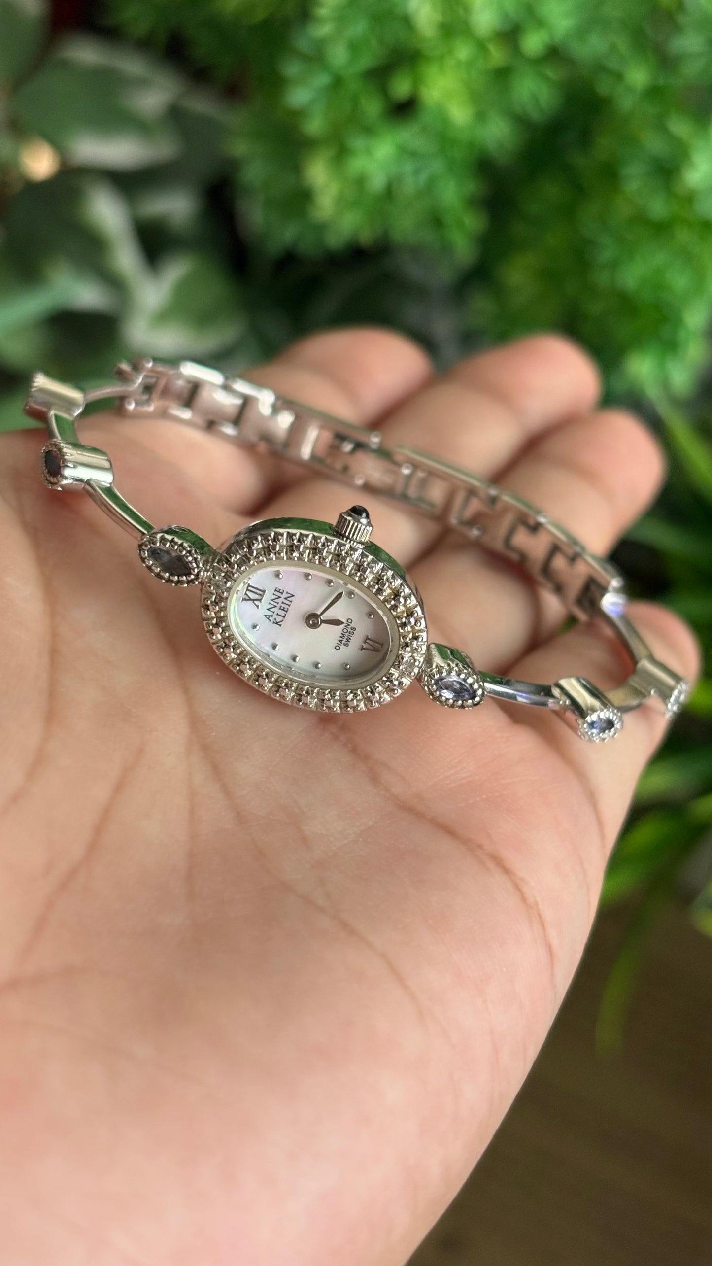Vintage Anne Klein Swiss Watch in Silver Tone with Genuine Diamonds and Spinel Stone Mother of Pearl Dial