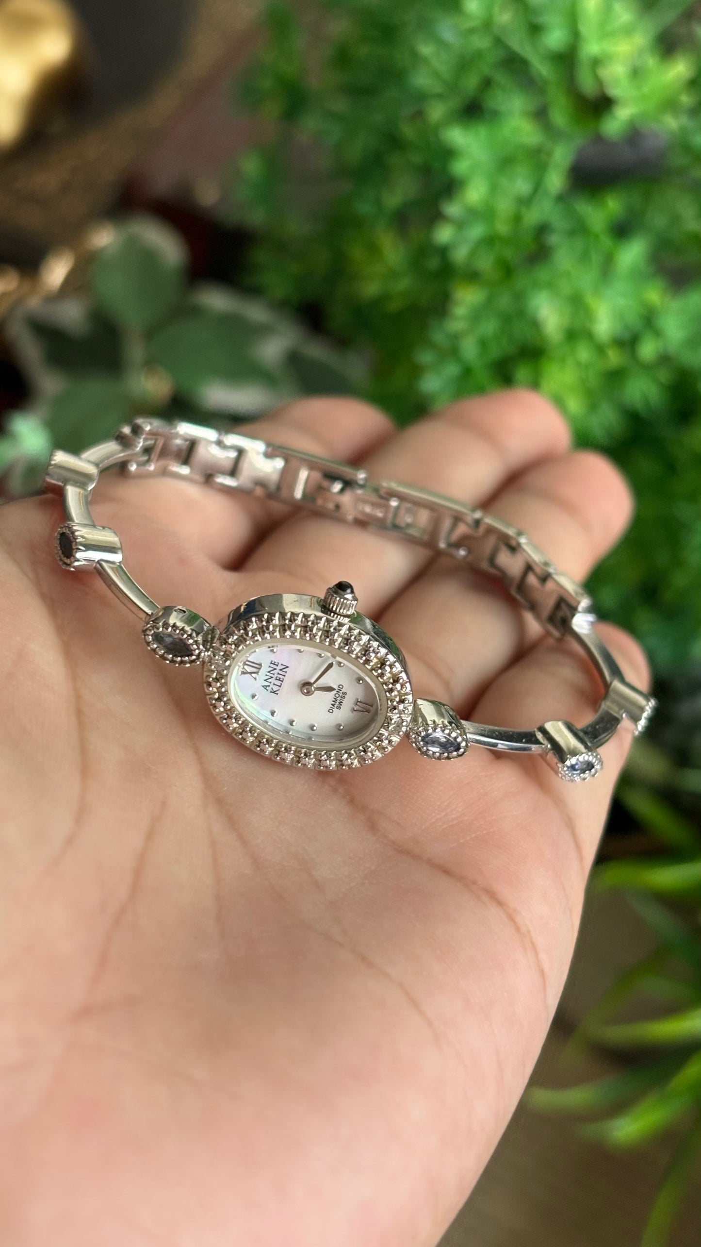 Vintage Anne Klein Swiss Watch in Silver Tone with Genuine Diamonds and Spinel Stone Mother of Pearl Dial