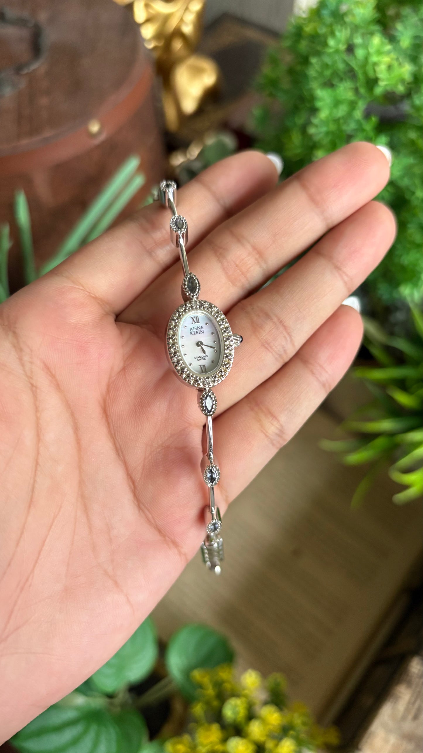 Vintage Anne Klein Swiss Watch in Silver Tone with Genuine Diamonds and Spinel Stone Mother of Pearl Dial