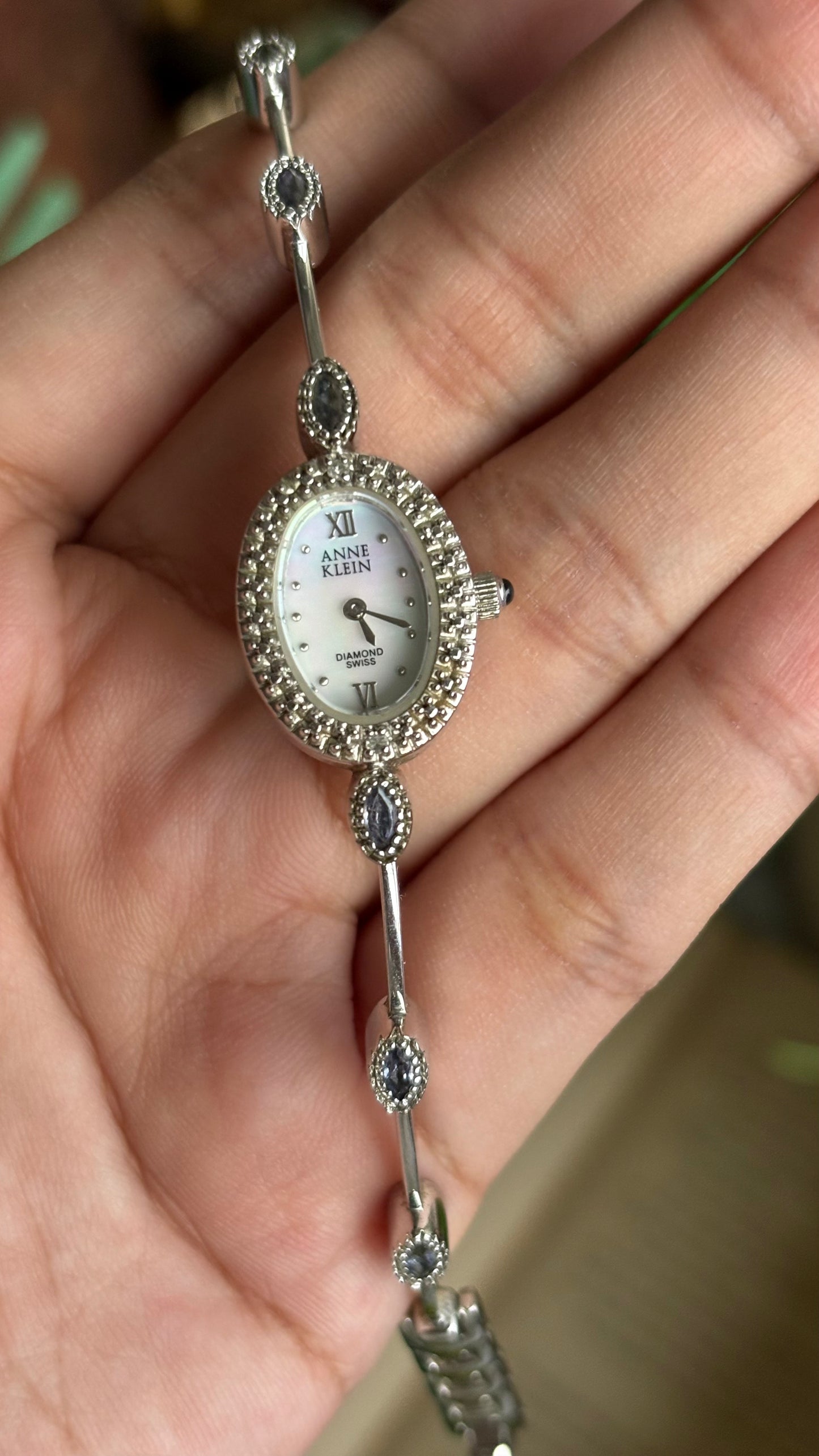 Vintage Anne Klein Swiss Watch in Silver Tone with Genuine Diamonds and Spinel Stone Mother of Pearl Dial