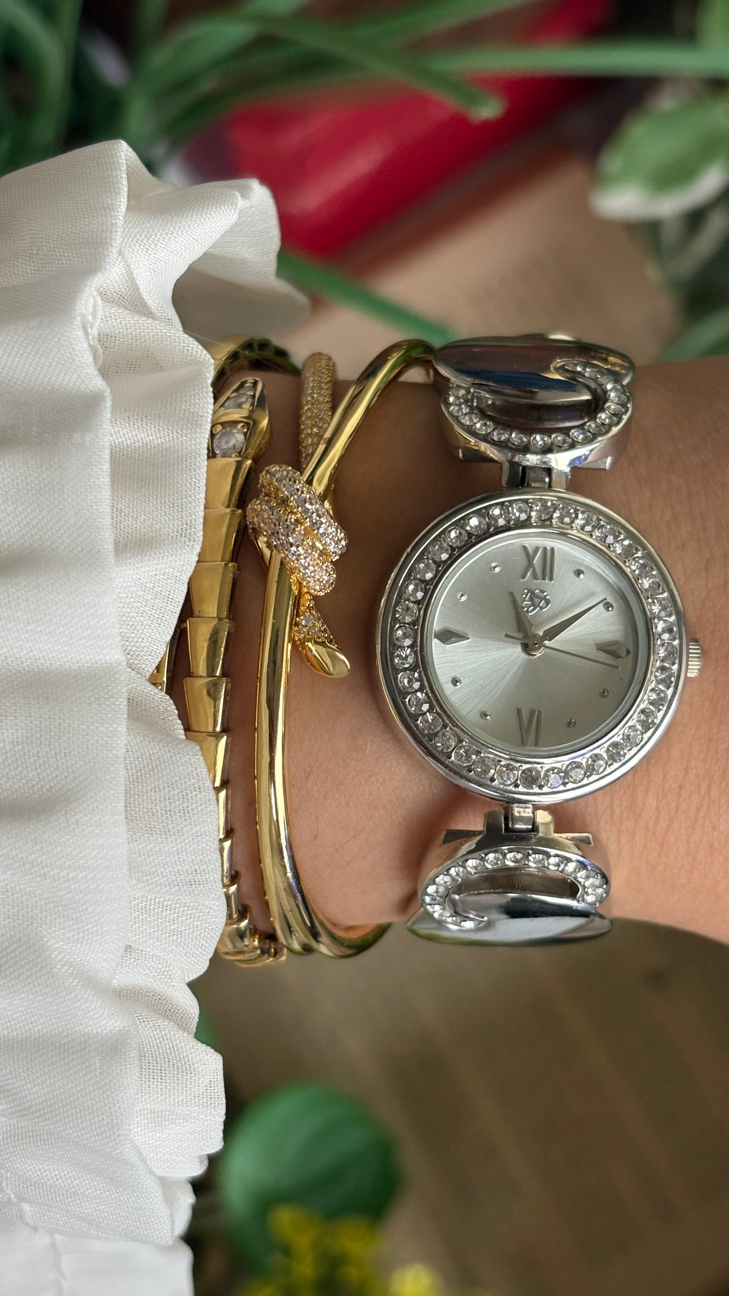 Vintage Silver Watch with Rhinestones