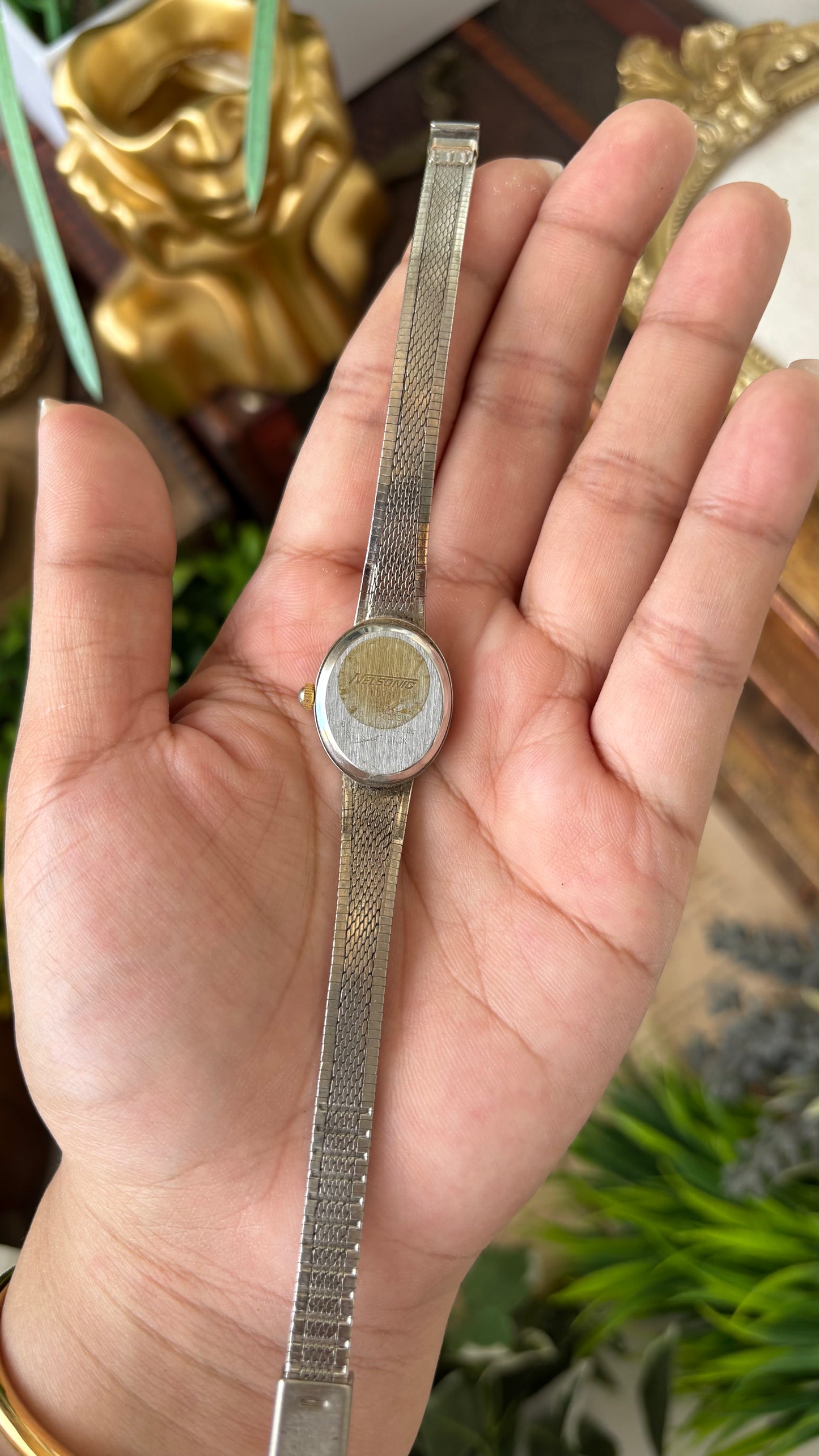 Vintage Dainty Nelsonic Embossed Heart Strap Watch in Two-Tone Diamond on Oval Dial Quartz #00218