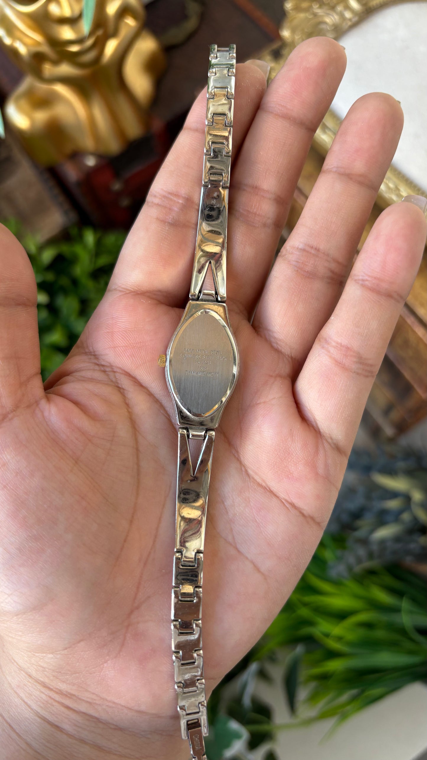 Vintage Dainty Armitron Now Elegant Gold Mirror Bezel Semi-Bangle Watch in Two-Tone Almond Dial with Diamond Quartz #00277