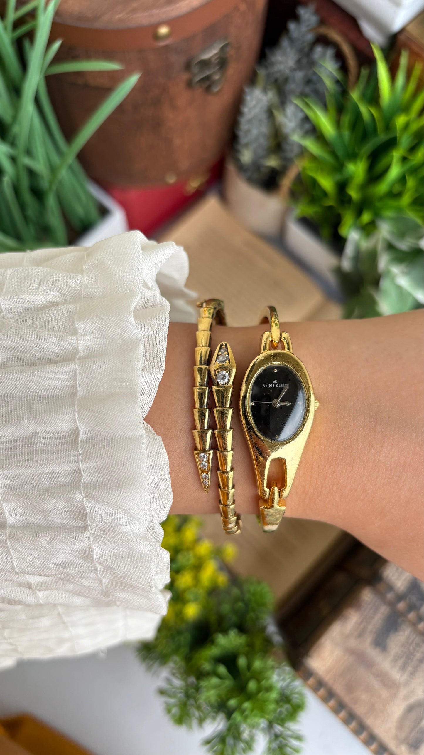 Extremely Rare Vinage Anne Klein Snake Watch in Gold Tone Gucci Style Black Dial