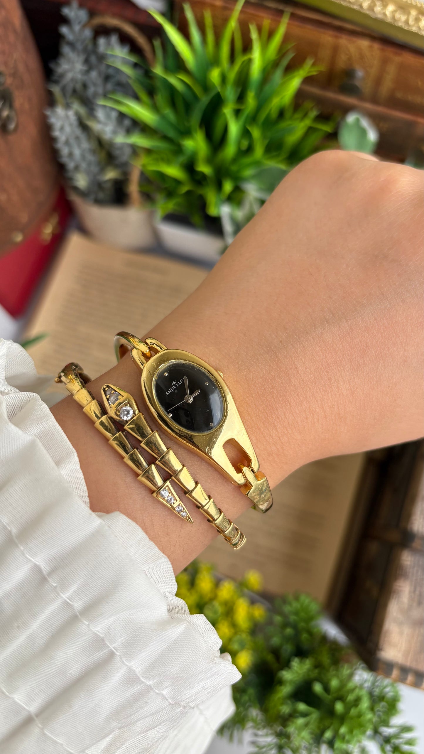 Extremely Rare Vinage Anne Klein Snake Watch in Gold Tone Gucci Style Black Dial