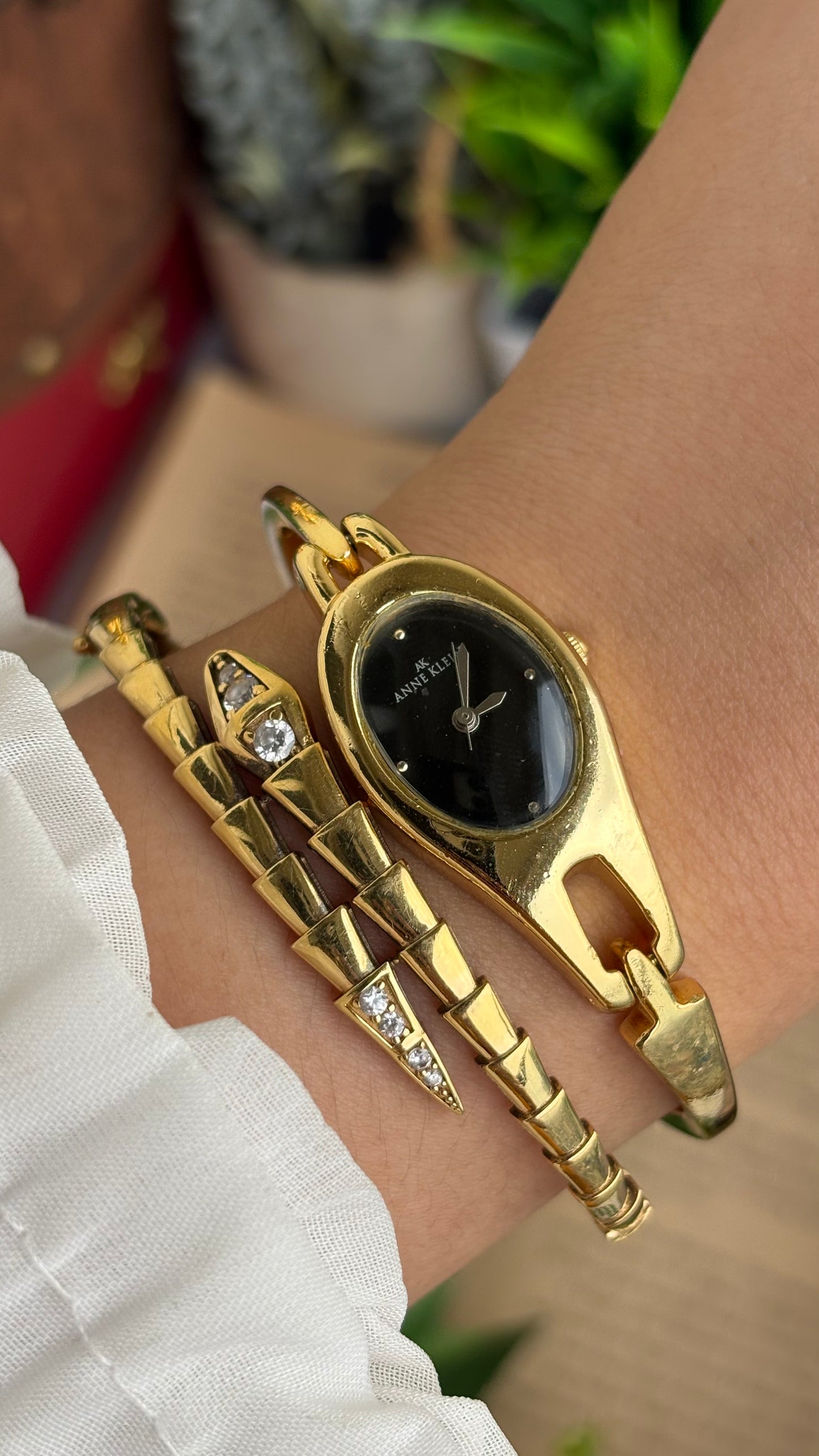Extremely Rare Vinage Anne Klein Snake Watch in Gold Tone Gucci Style Black Dial