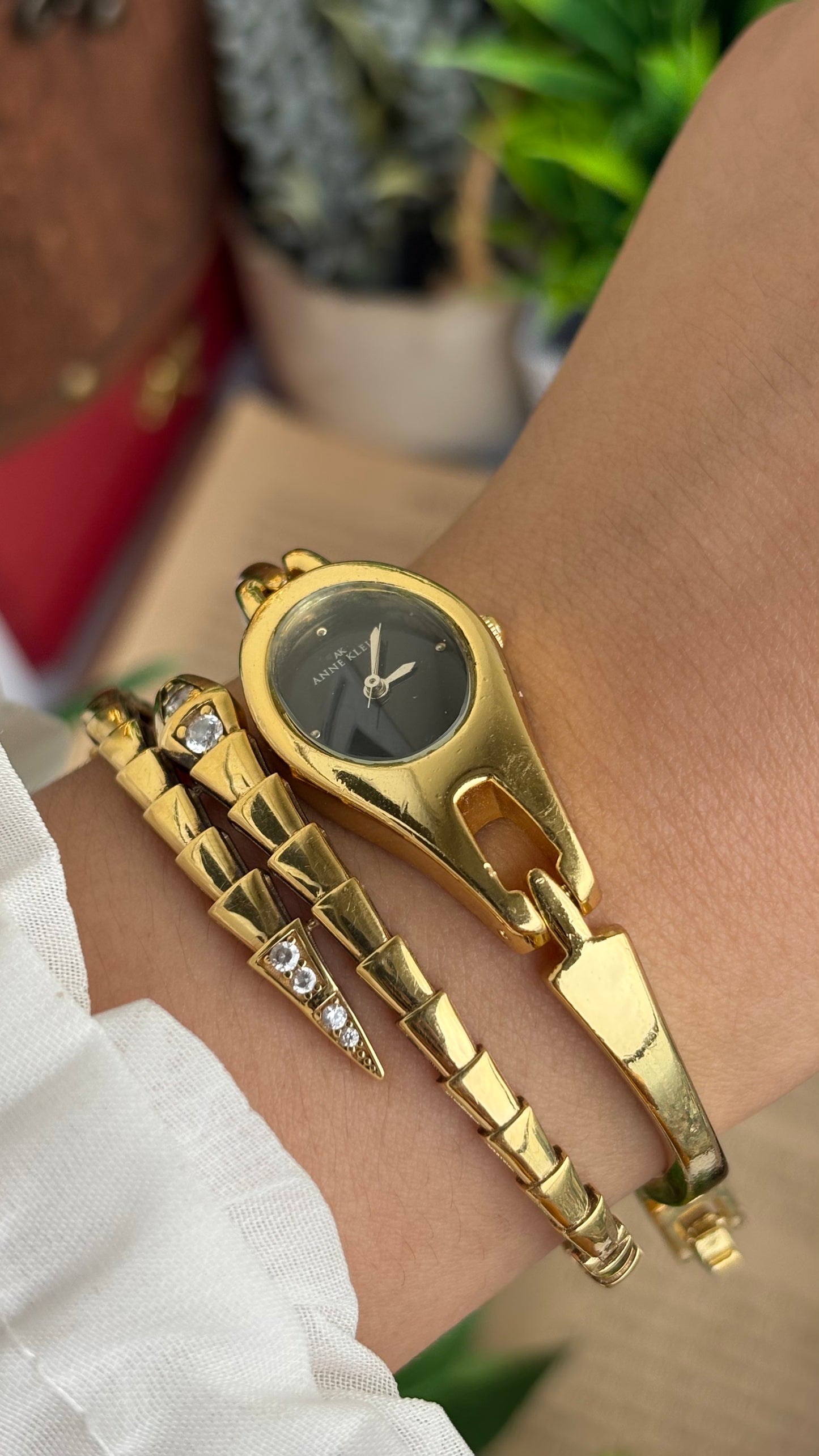 Extremely Rare Vinage Anne Klein Snake Watch in Gold Tone Gucci Style Black Dial