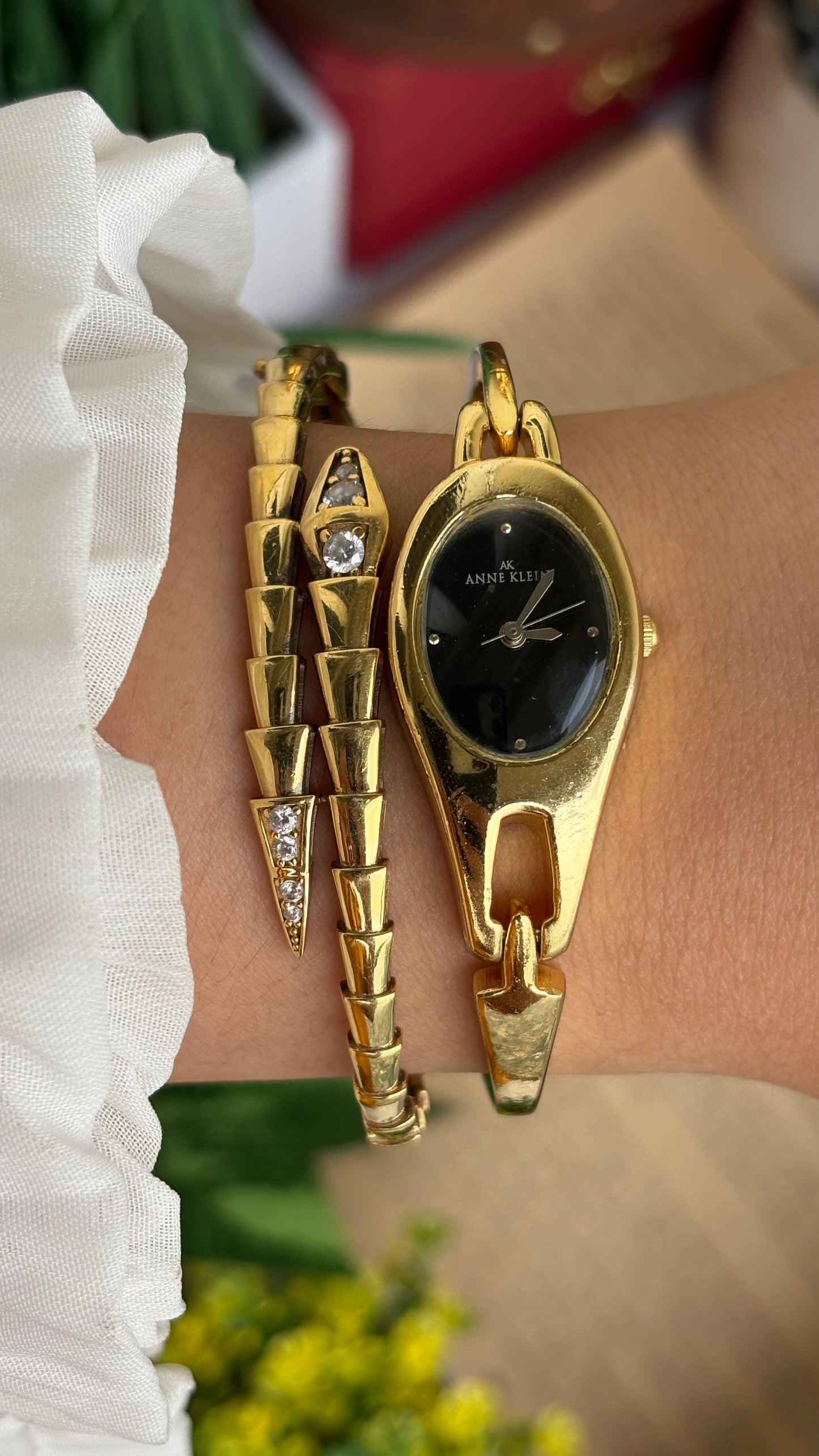 Extremely Rare Vinage Anne Klein Snake Watch in Gold Tone Gucci Style Black Dial