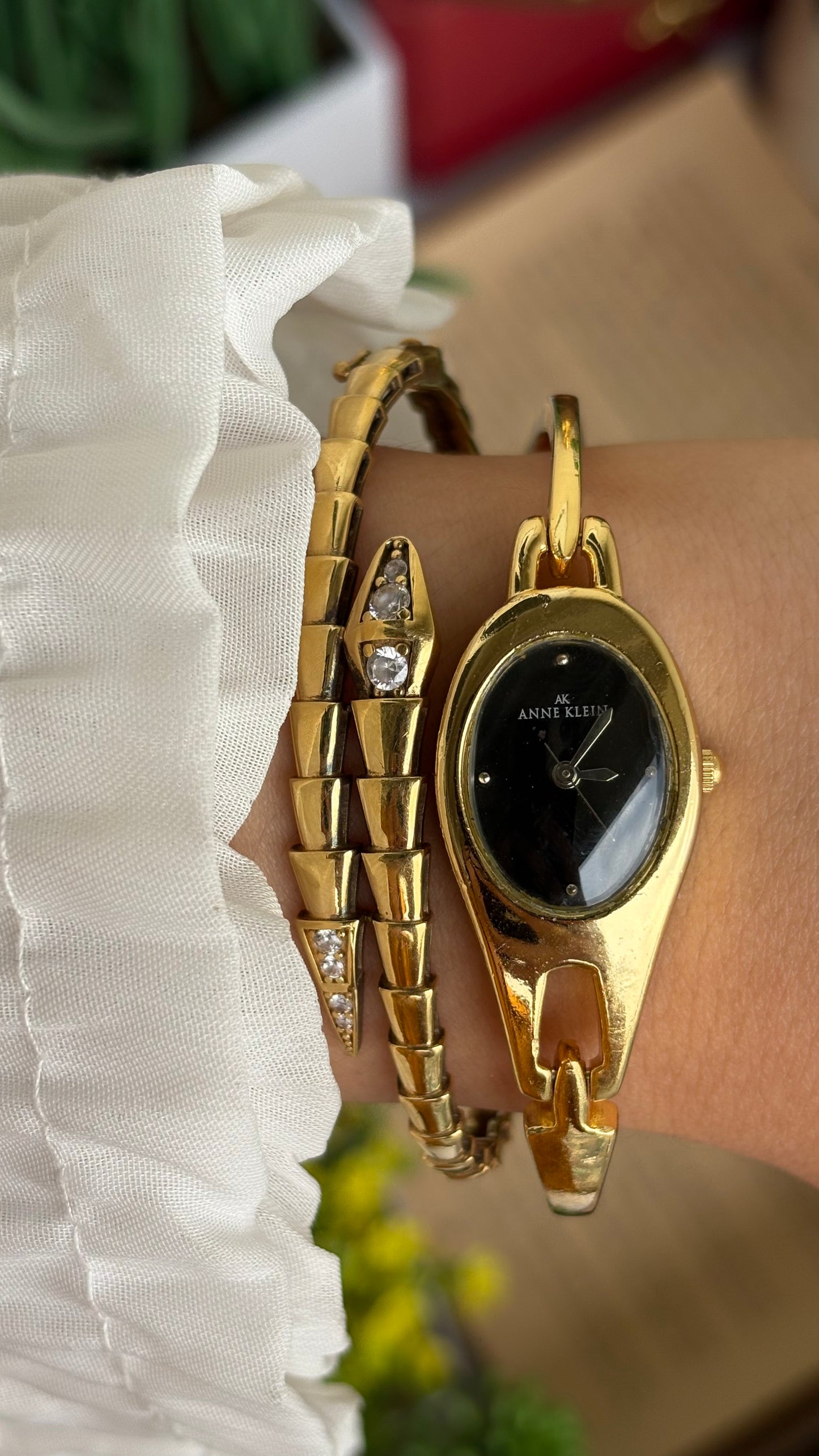Extremely Rare Vinage Anne Klein Snake Watch in Gold Tone Gucci Style Black Dial