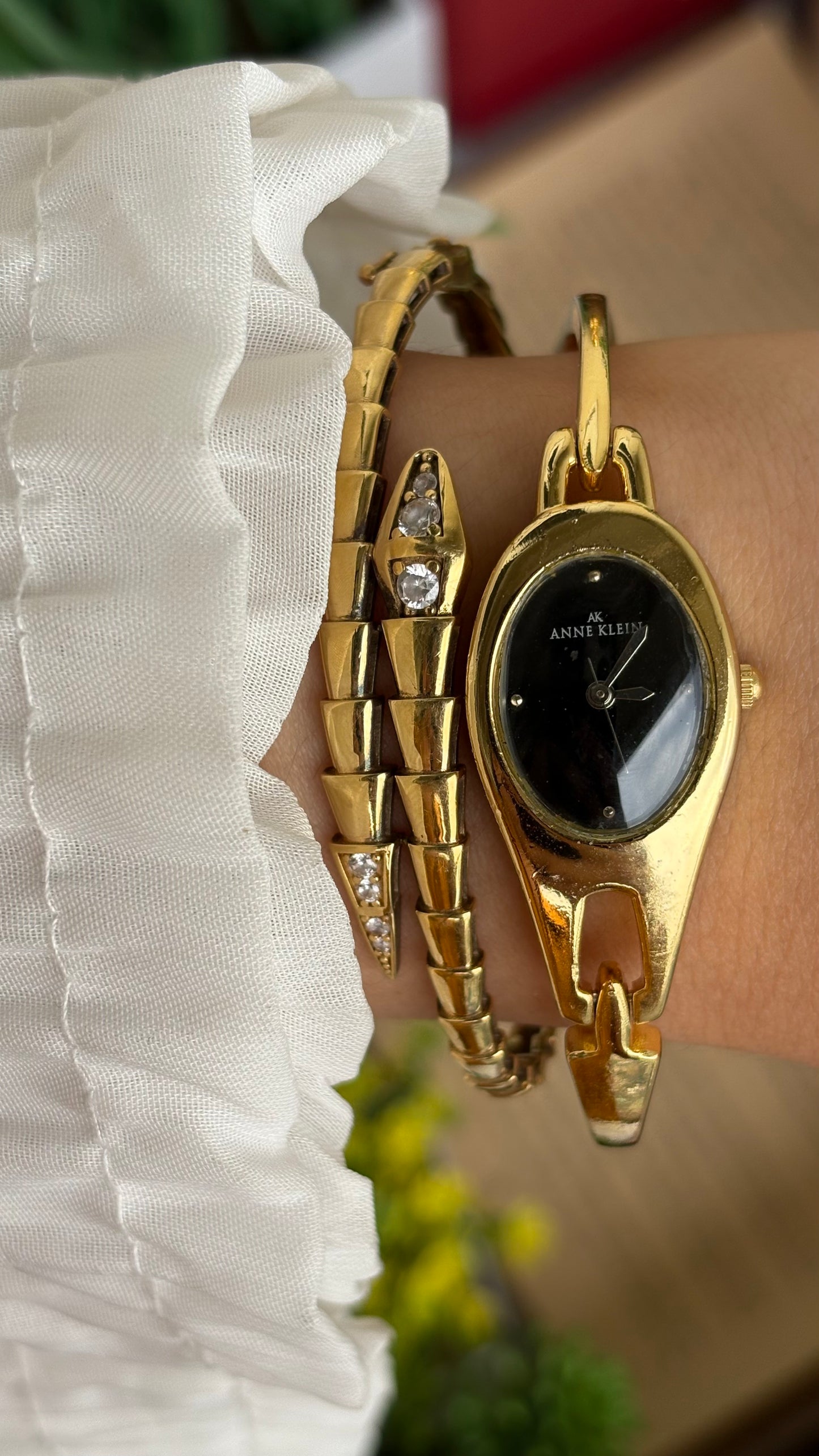 Extremely Rare Vinage Anne Klein Snake Watch in Gold Tone Gucci Style Black Dial