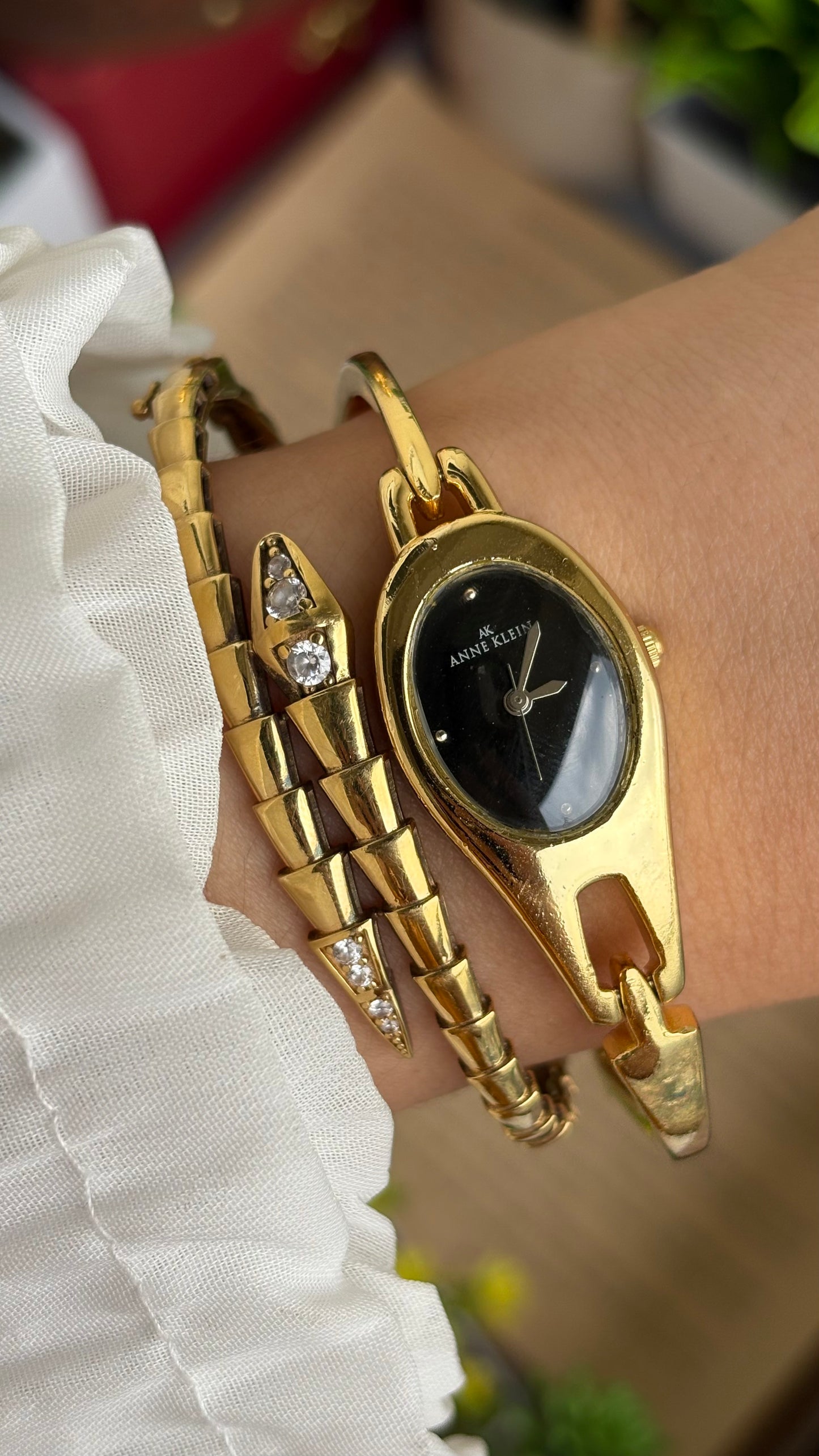 Extremely Rare Vinage Anne Klein Snake Watch in Gold Tone Gucci Style Black Dial