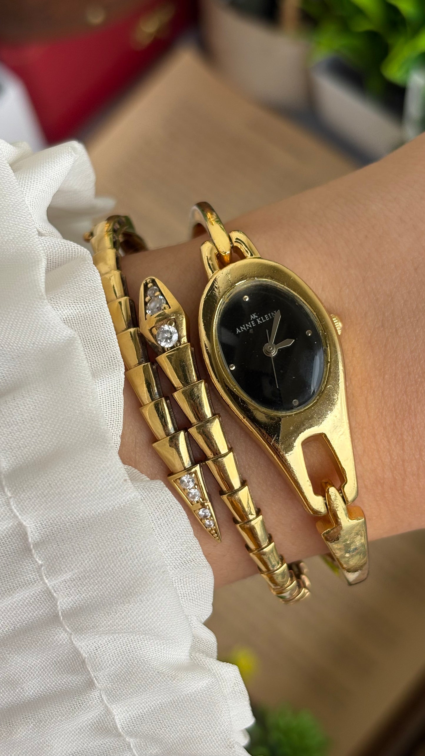 Extremely Rare Vinage Anne Klein Snake Watch in Gold Tone Gucci Style Black Dial
