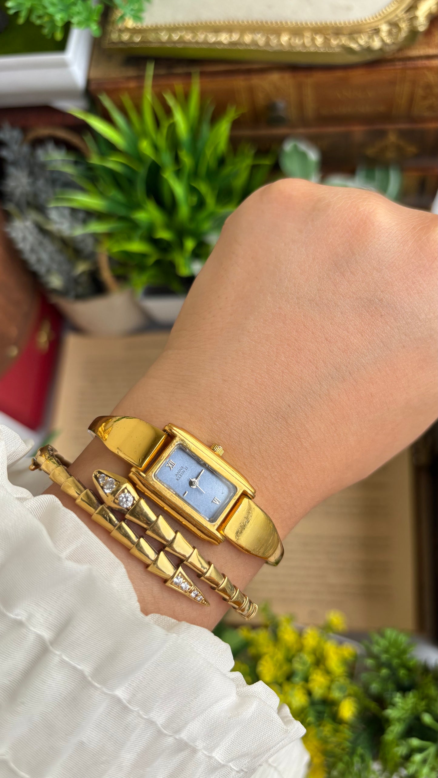 Vintage Anne Klein Watch in Gold Tone Blue Dial Gucci Style
