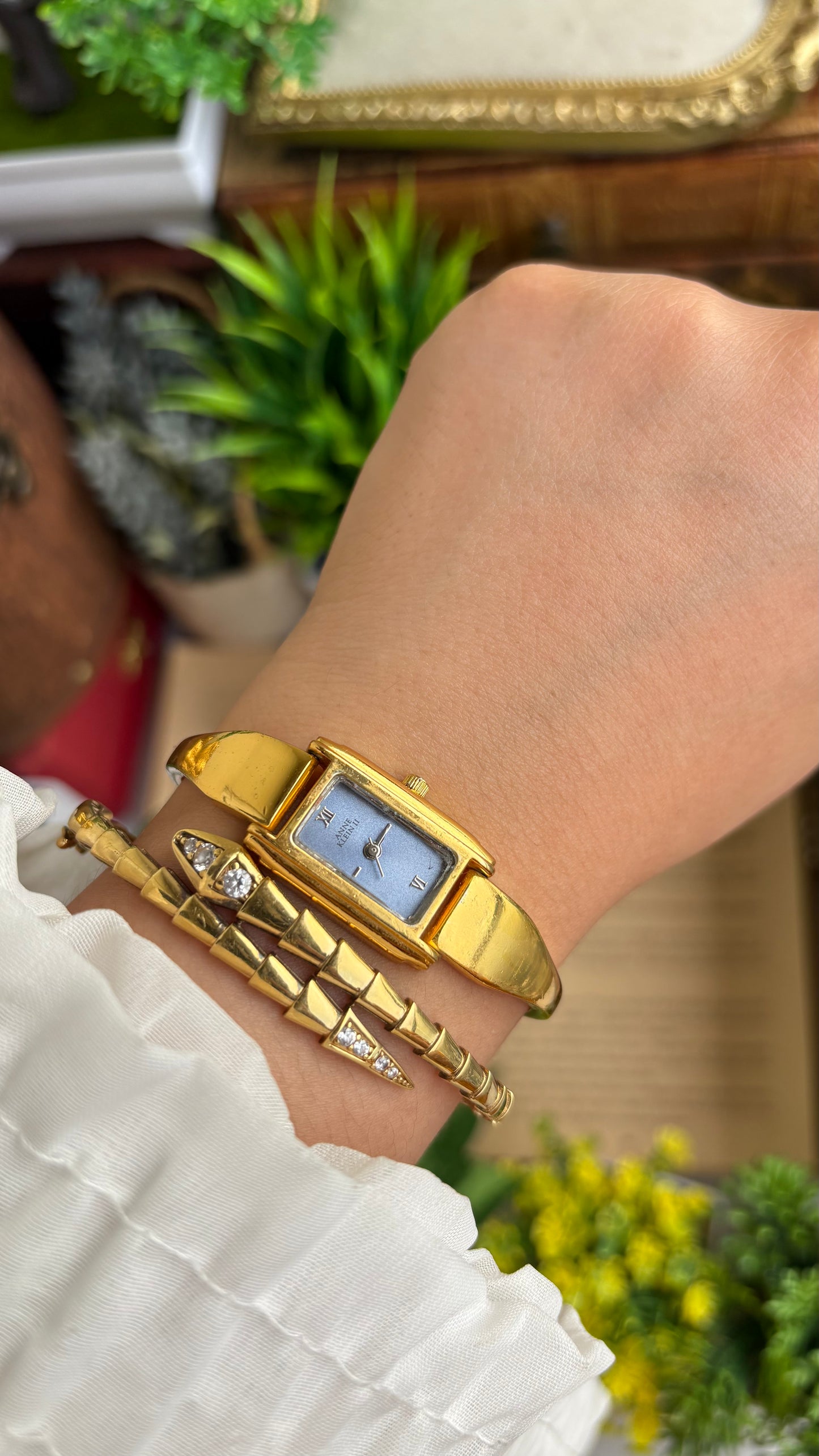 Vintage Anne Klein Watch in Gold Tone Blue Dial Gucci Style