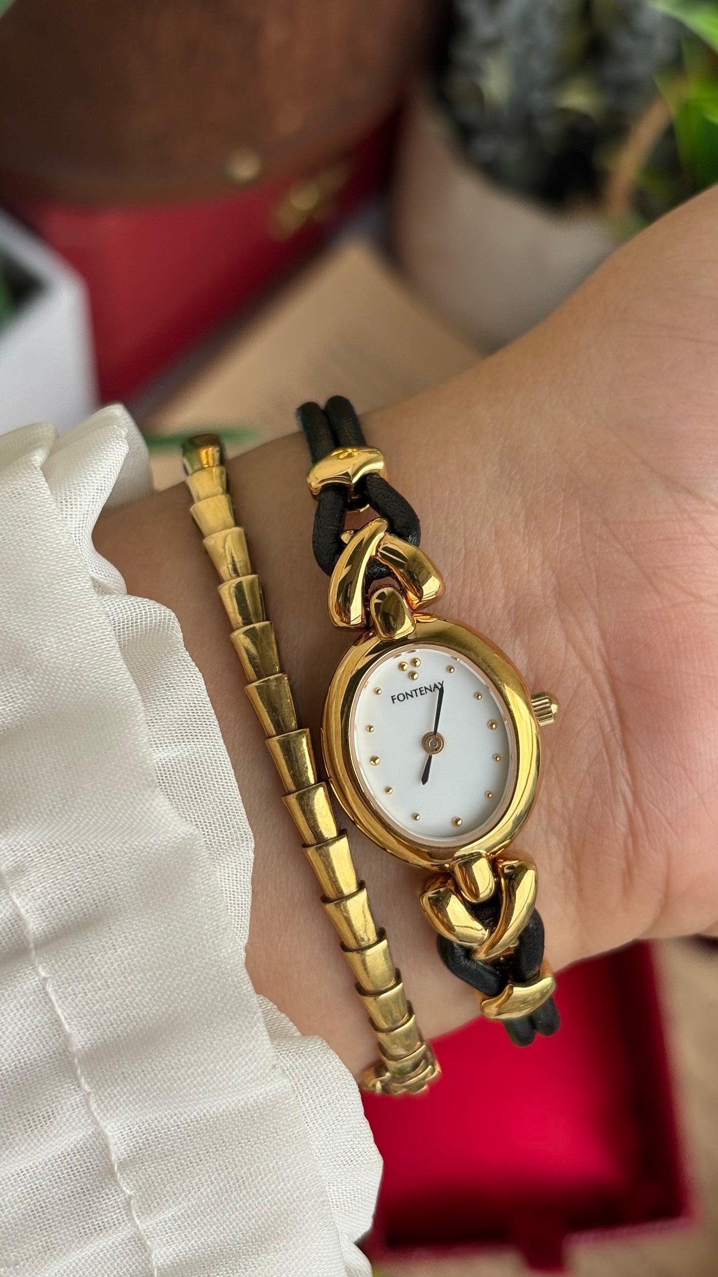 Vintage Fontenay Parisian Luxury Watch in Gold Tone Black Thin Leather Straps