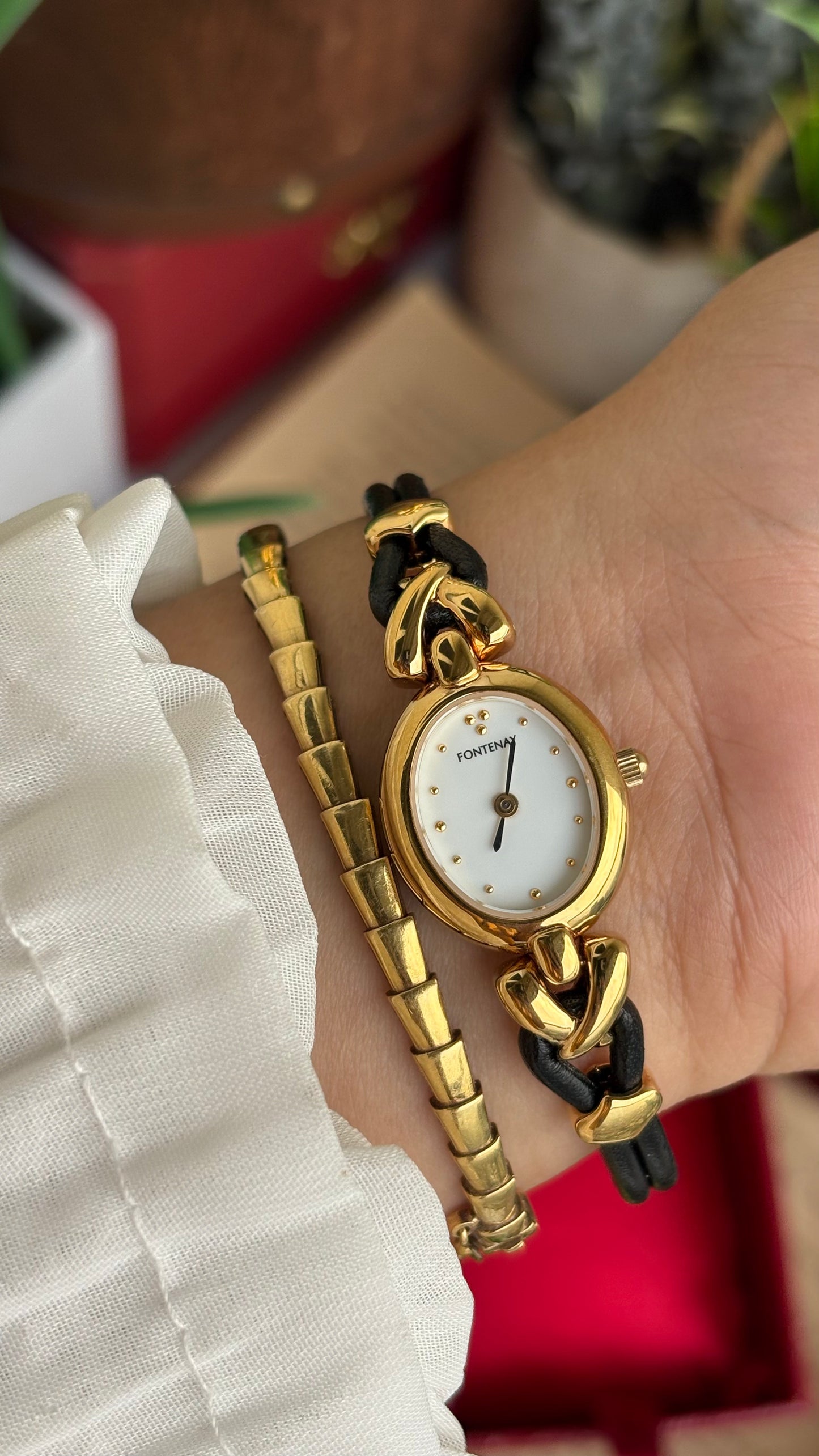 Vintage Fontenay Parisian Luxury Watch in Gold Tone Black Thin Leather Straps