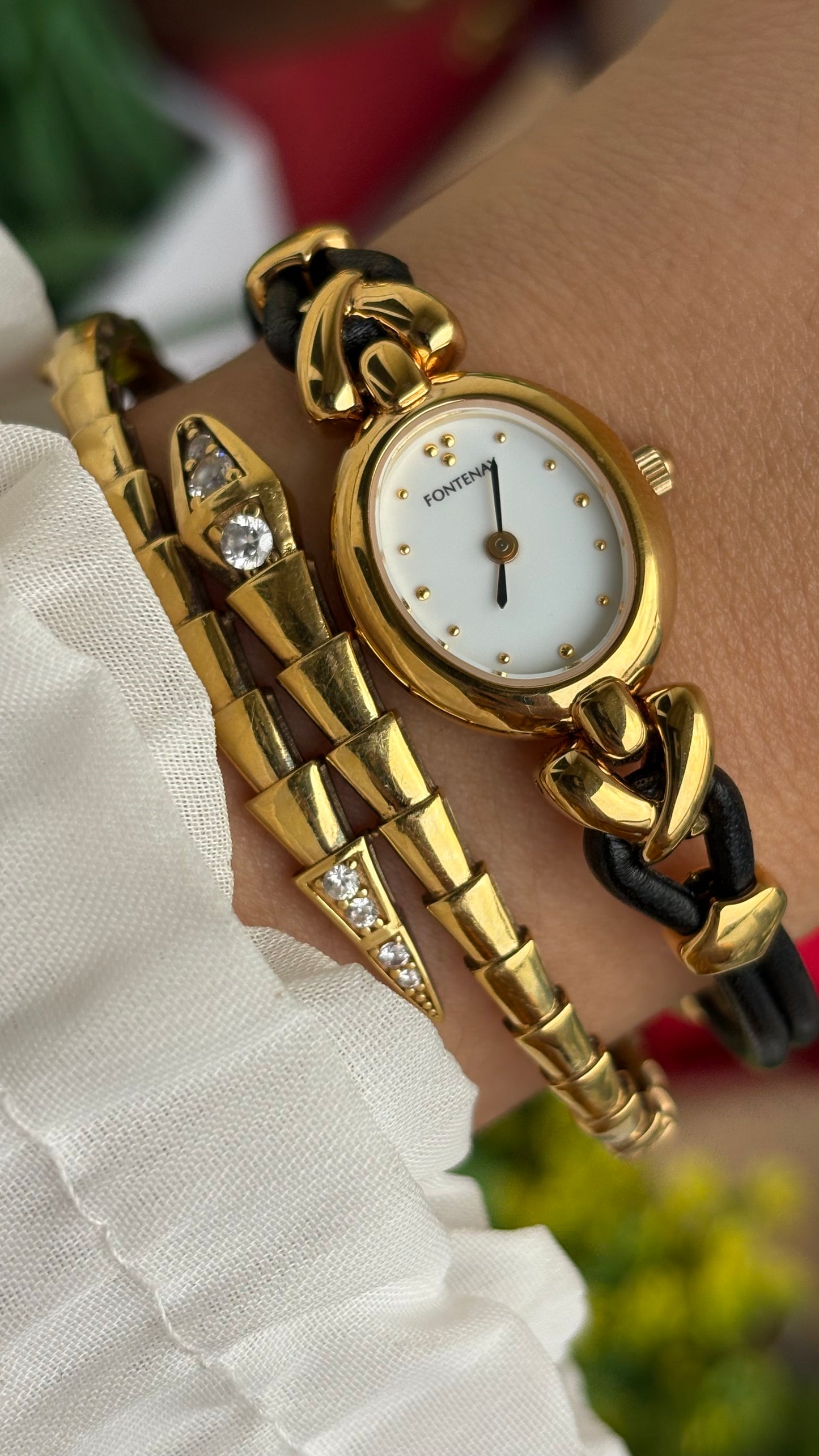 Vintage Fontenay Parisian Luxury Watch in Gold Tone Black Thin Leather Straps