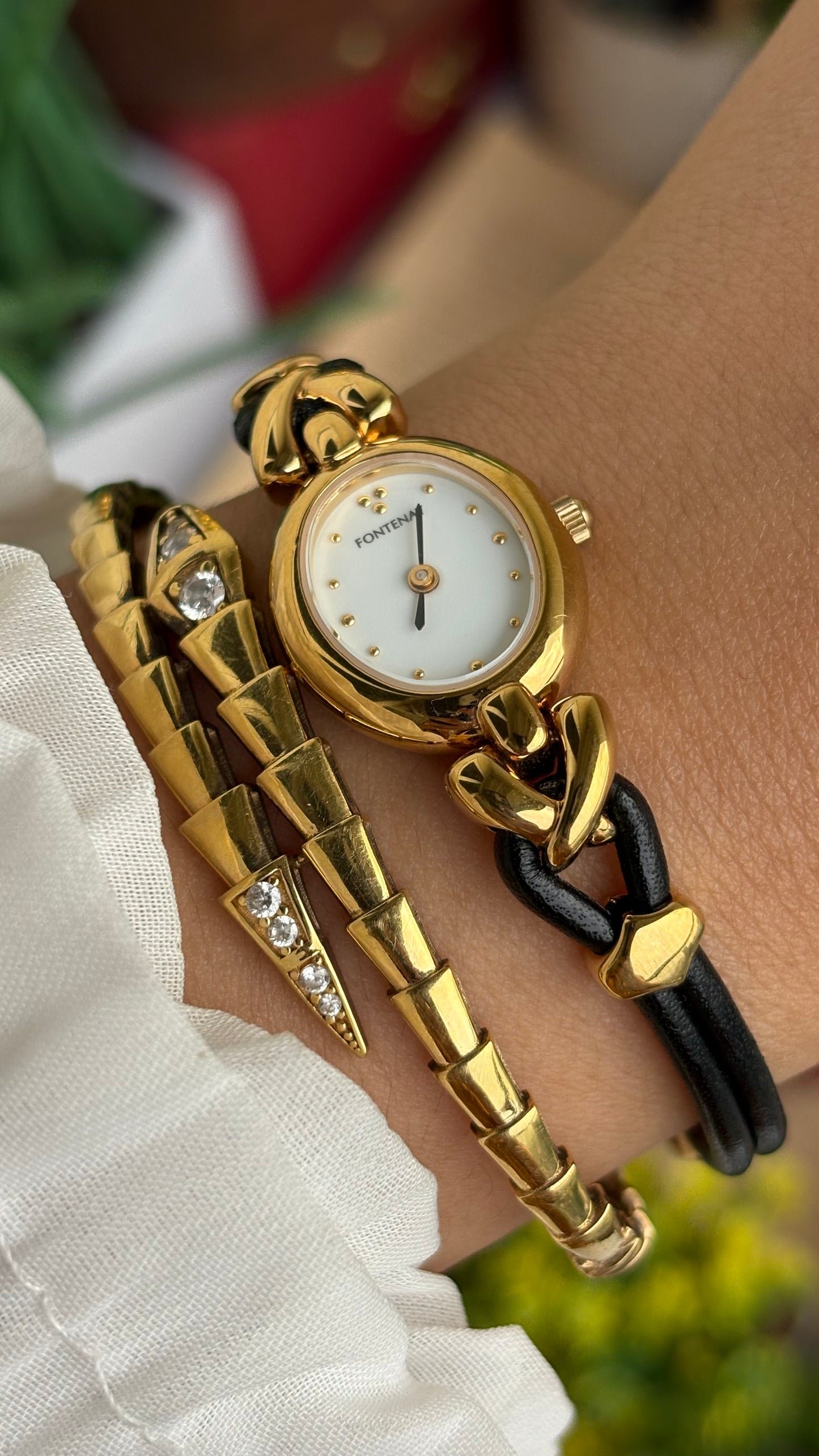 Vintage Fontenay Parisian Luxury Watch in Gold Tone Black Thin Leather Straps