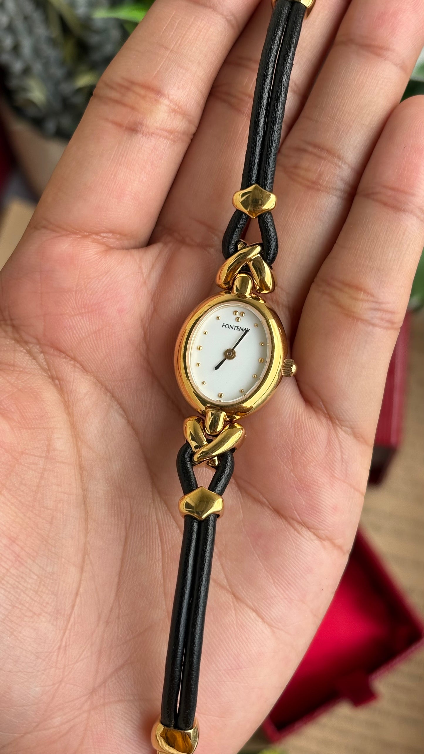 Vintage Fontenay Parisian Luxury Watch in Gold Tone Black Thin Leather Straps