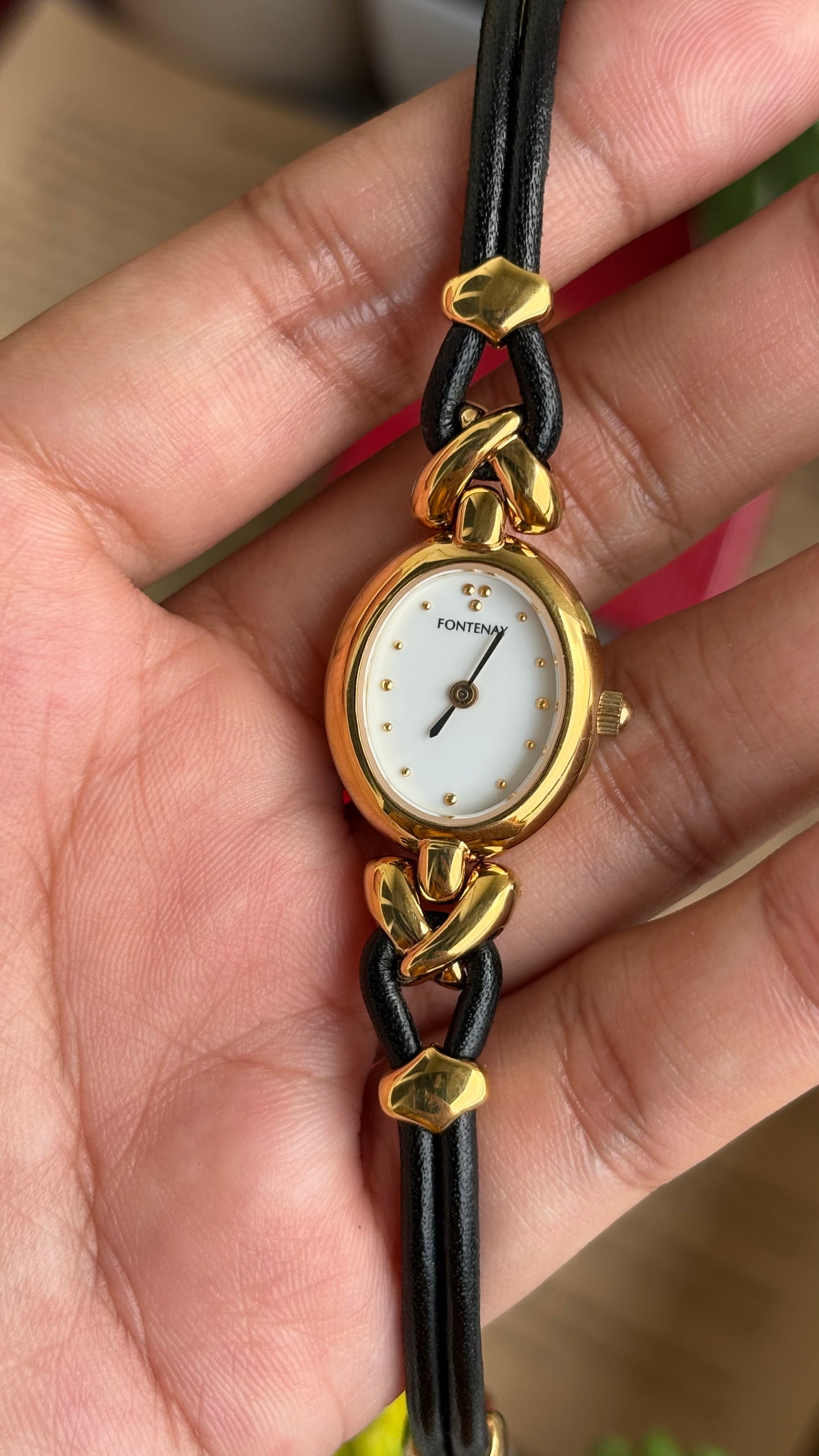 Vintage Fontenay Parisian Luxury Watch in Gold Tone Black Thin Leather Straps