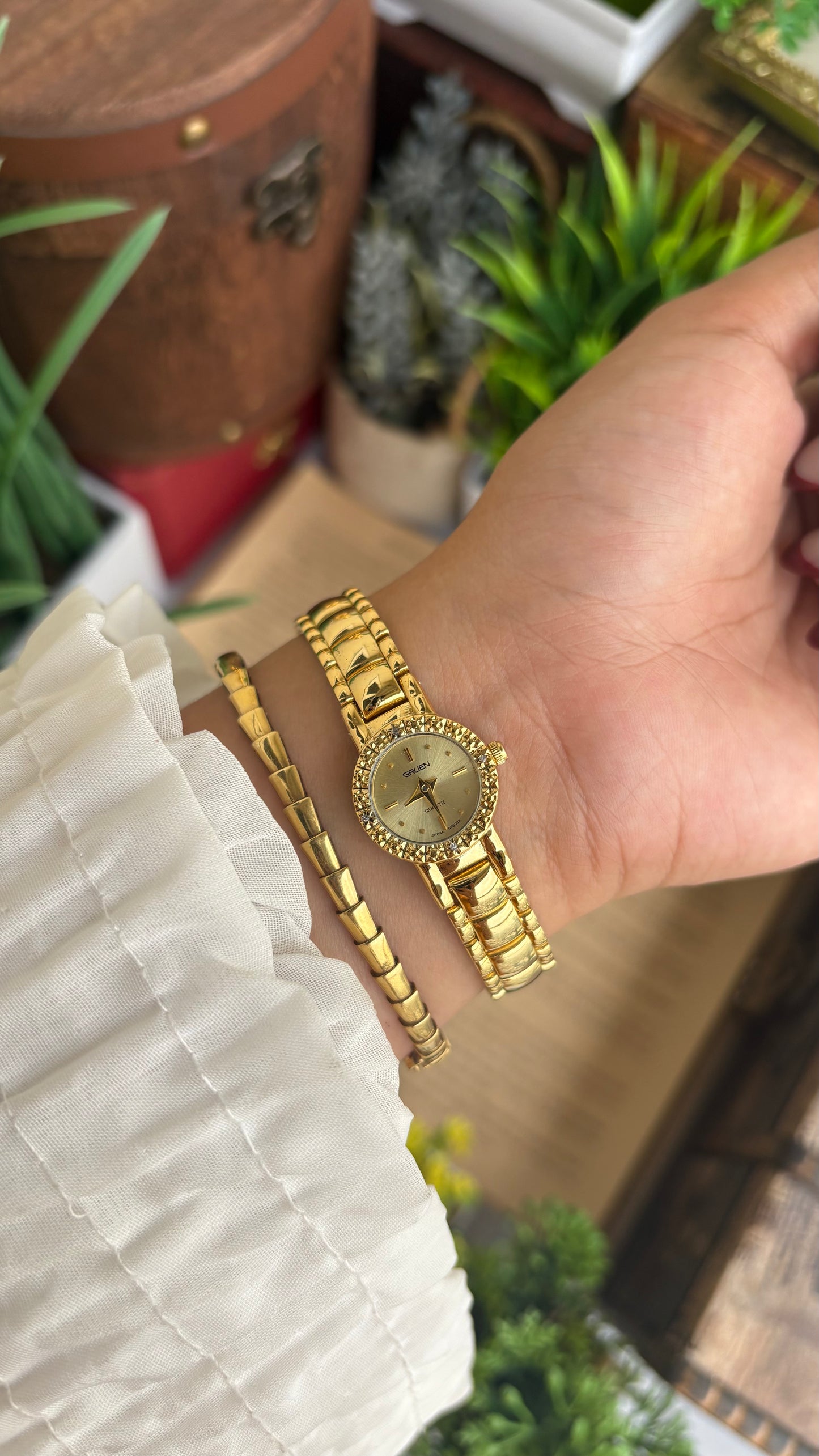 Extremely Rare and Dainty Vintage Gruen Bejeweled Watch in Gold Tone with 4 Genuine Diamonds