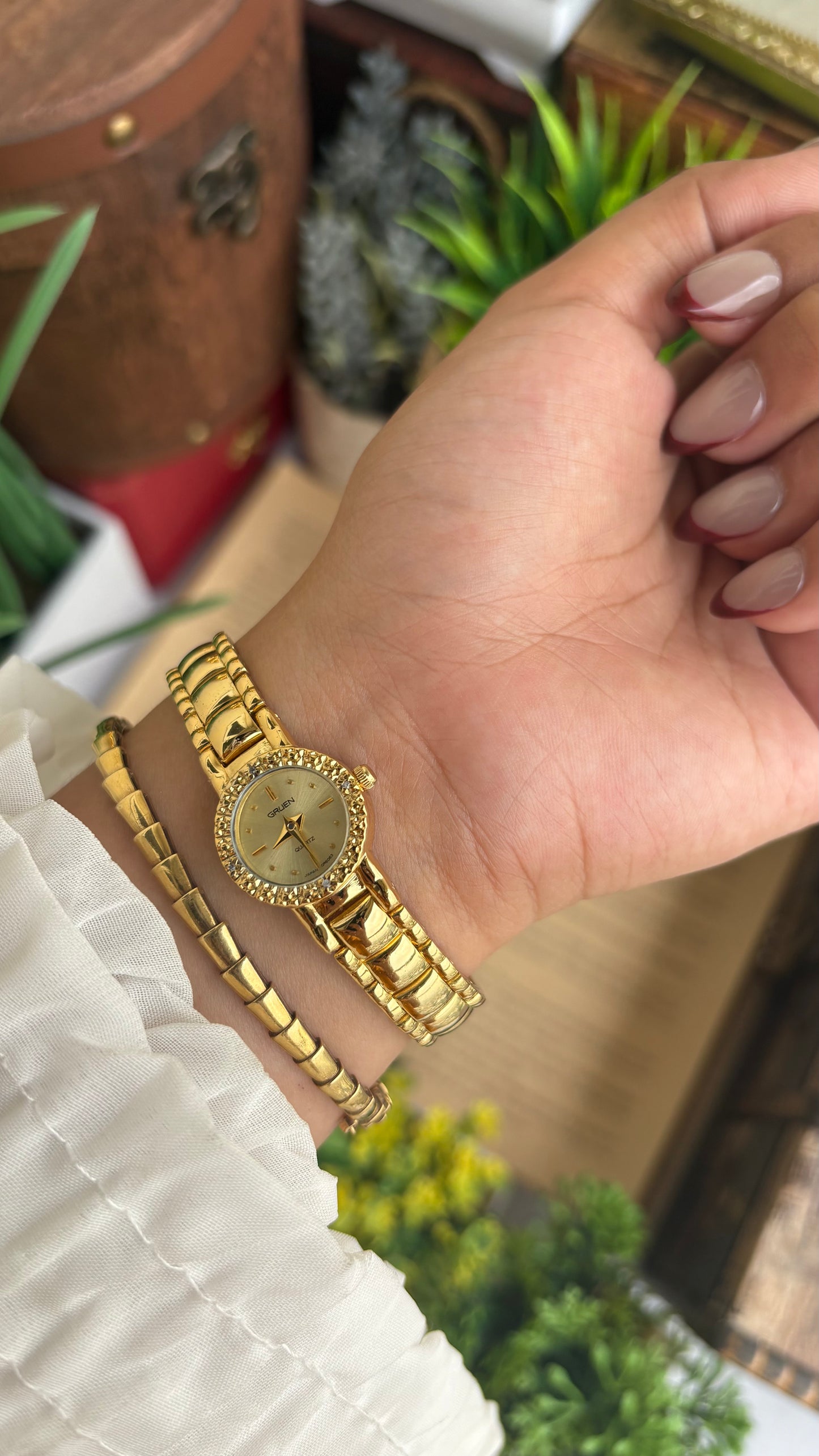 Extremely Rare and Dainty Vintage Gruen Bejeweled Watch in Gold Tone with 4 Genuine Diamonds