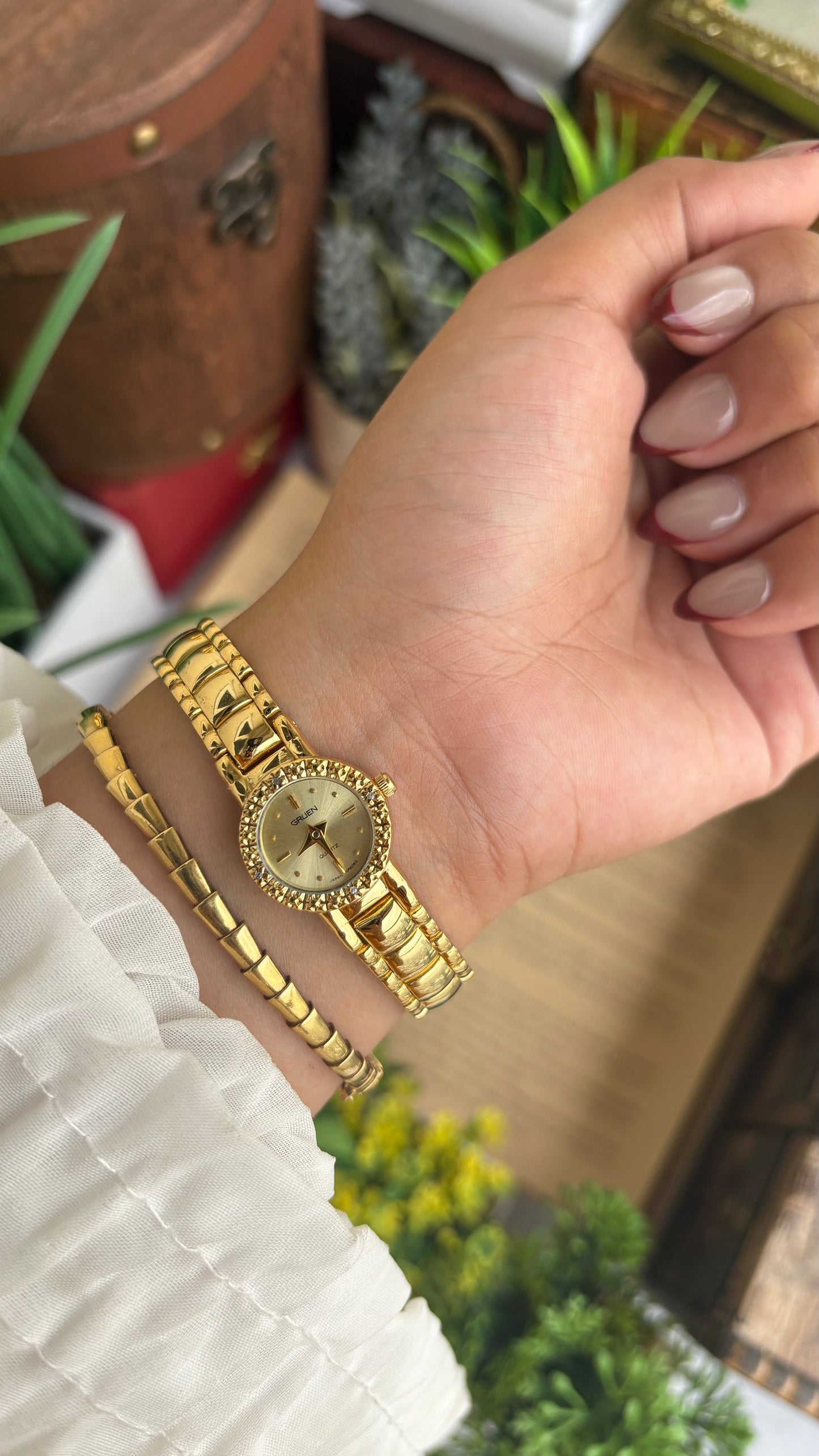 Extremely Rare and Dainty Vintage Gruen Bejeweled Watch in Gold Tone with 4 Genuine Diamonds