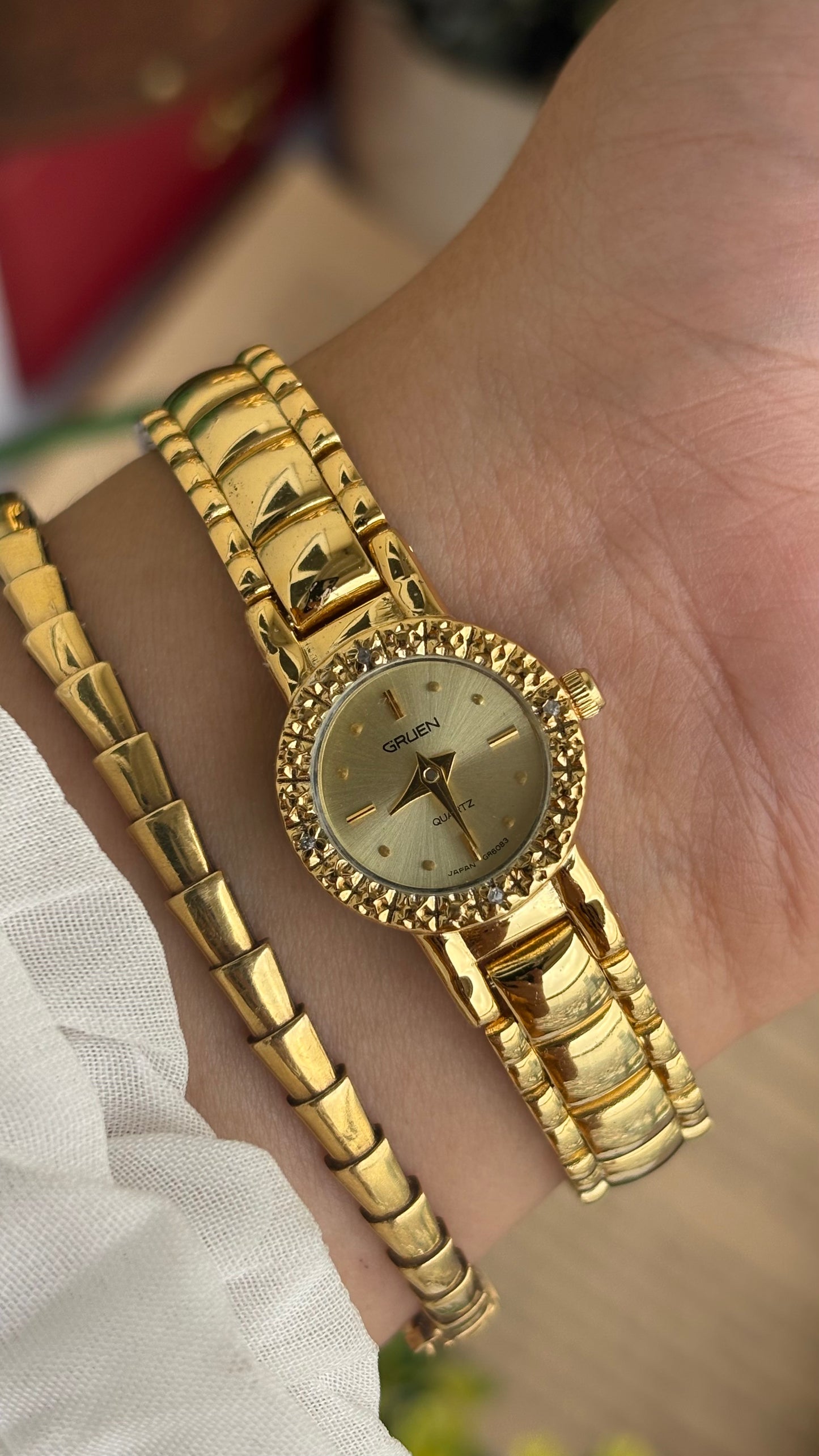 Extremely Rare and Dainty Vintage Gruen Bejeweled Watch in Gold Tone with 4 Genuine Diamonds