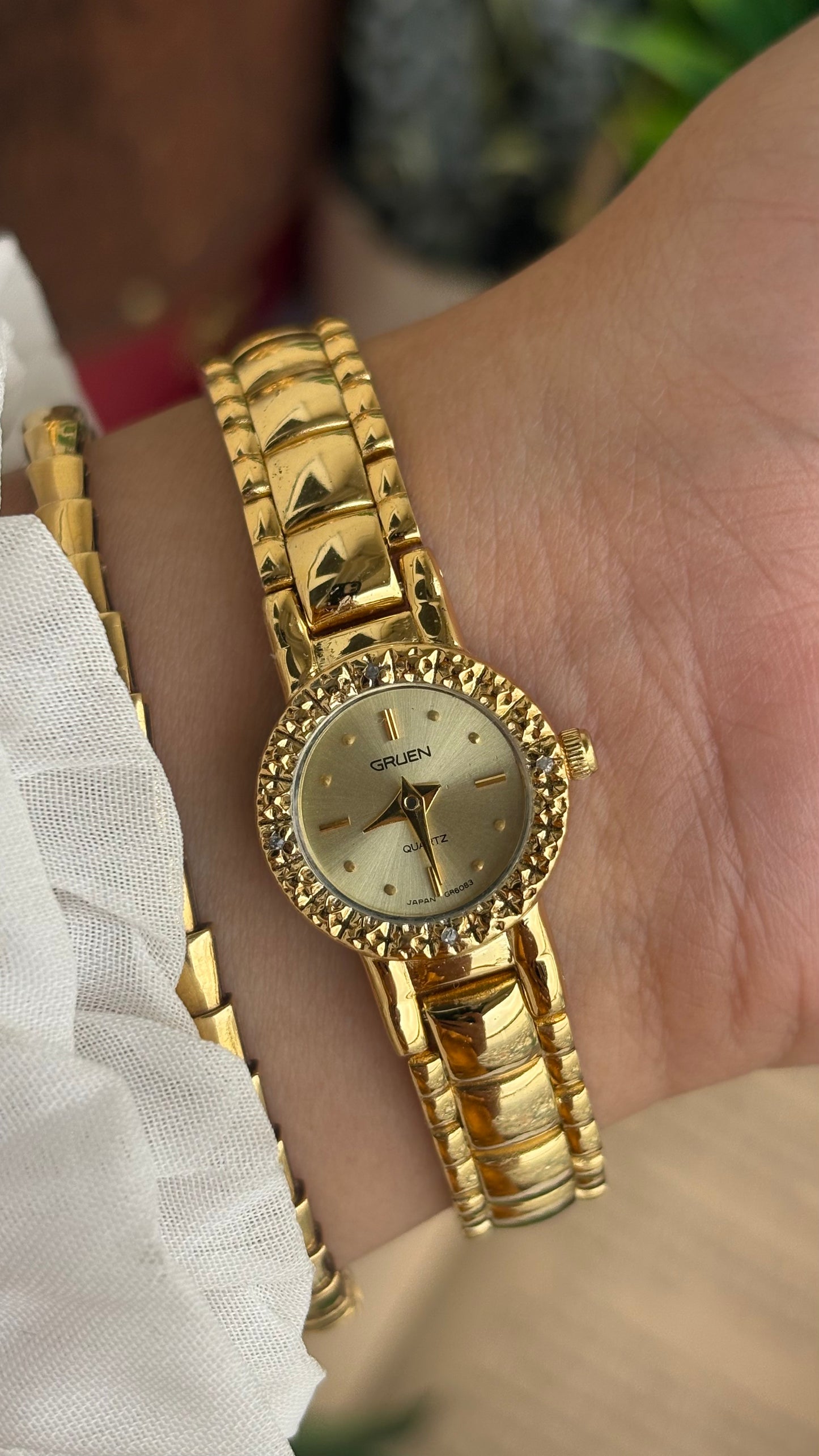 Extremely Rare and Dainty Vintage Gruen Bejeweled Watch in Gold Tone with 4 Genuine Diamonds