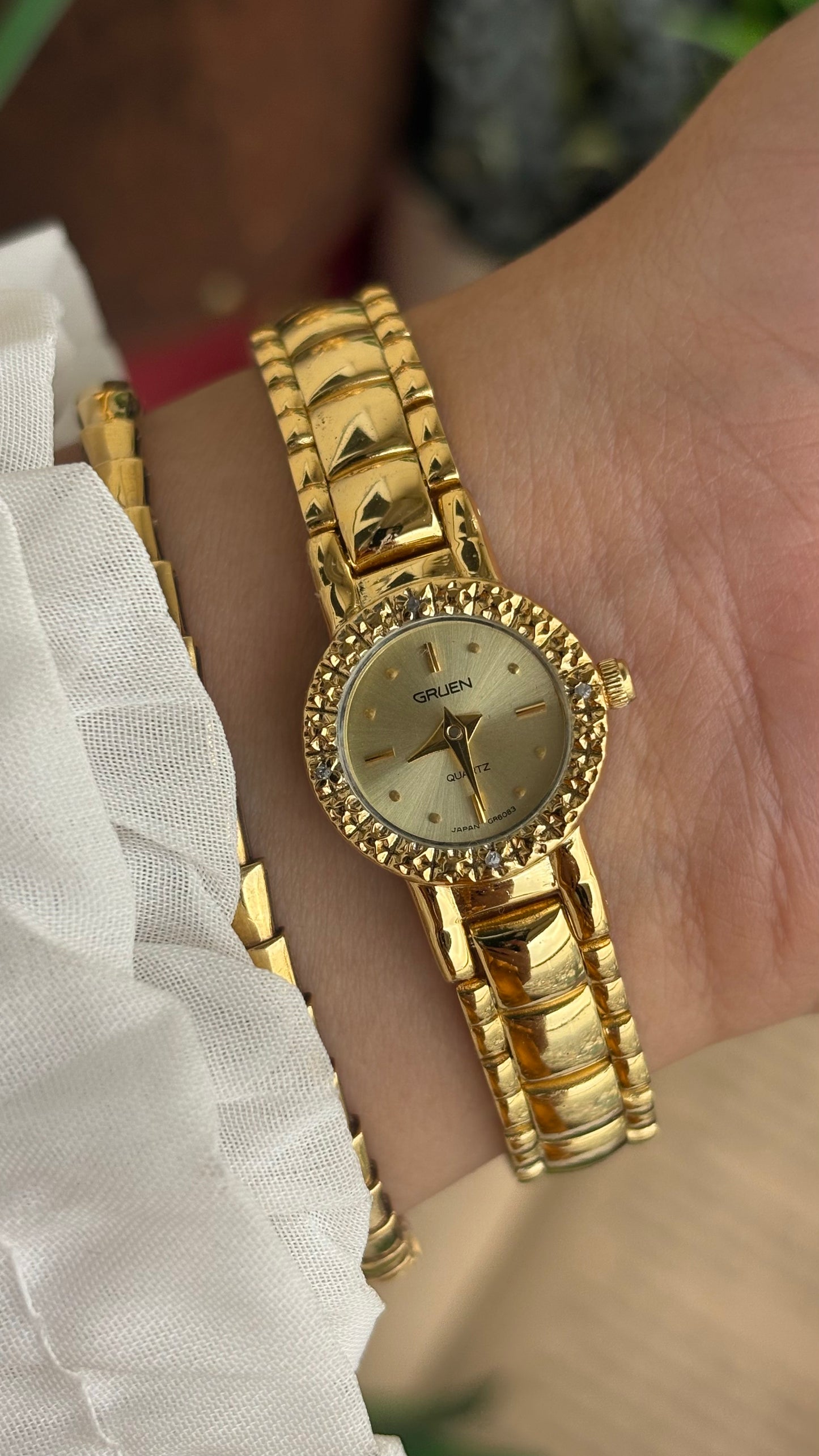 Extremely Rare and Dainty Vintage Gruen Bejeweled Watch in Gold Tone with 4 Genuine Diamonds