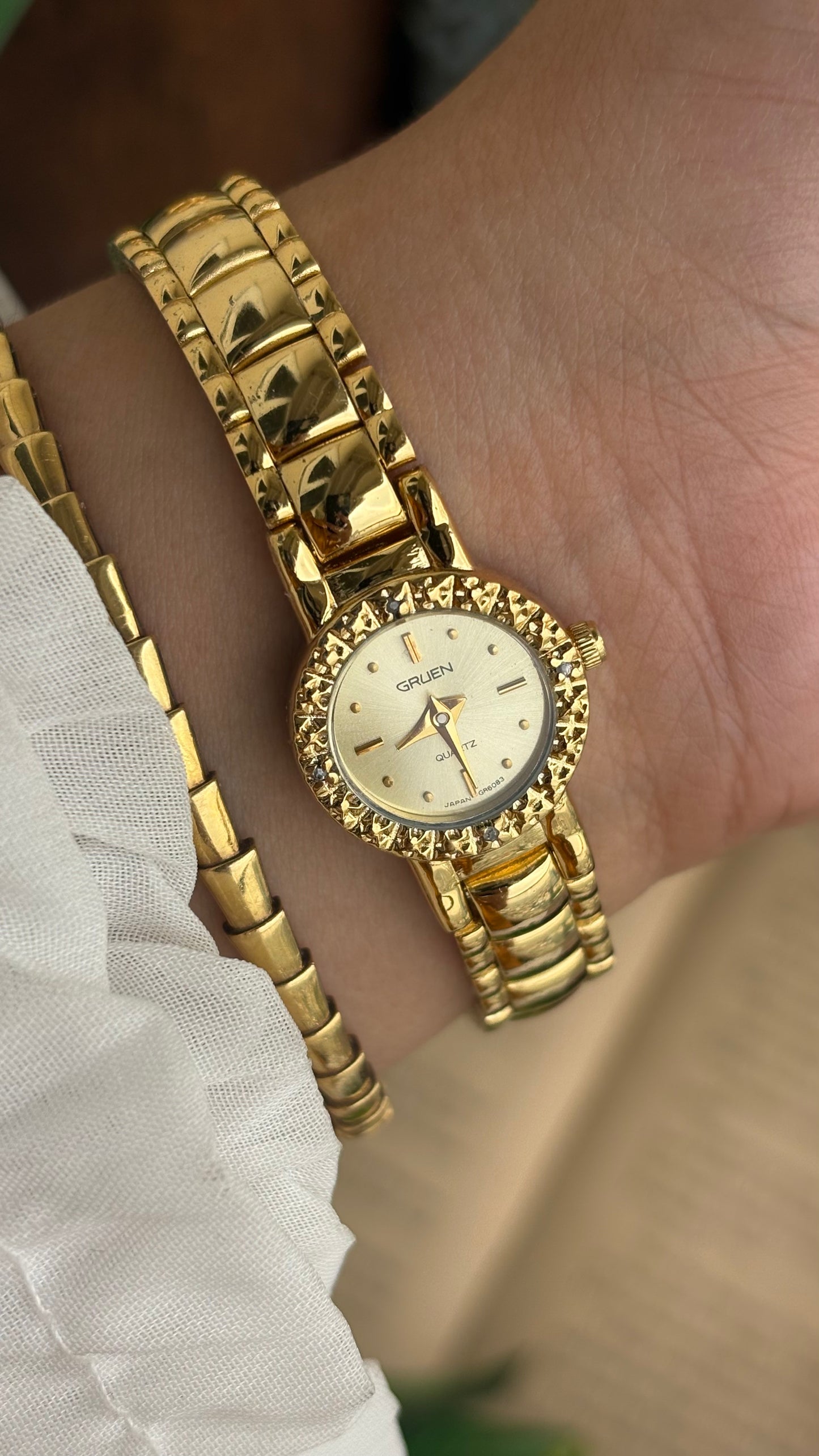 Extremely Rare and Dainty Vintage Gruen Bejeweled Watch in Gold Tone with 4 Genuine Diamonds