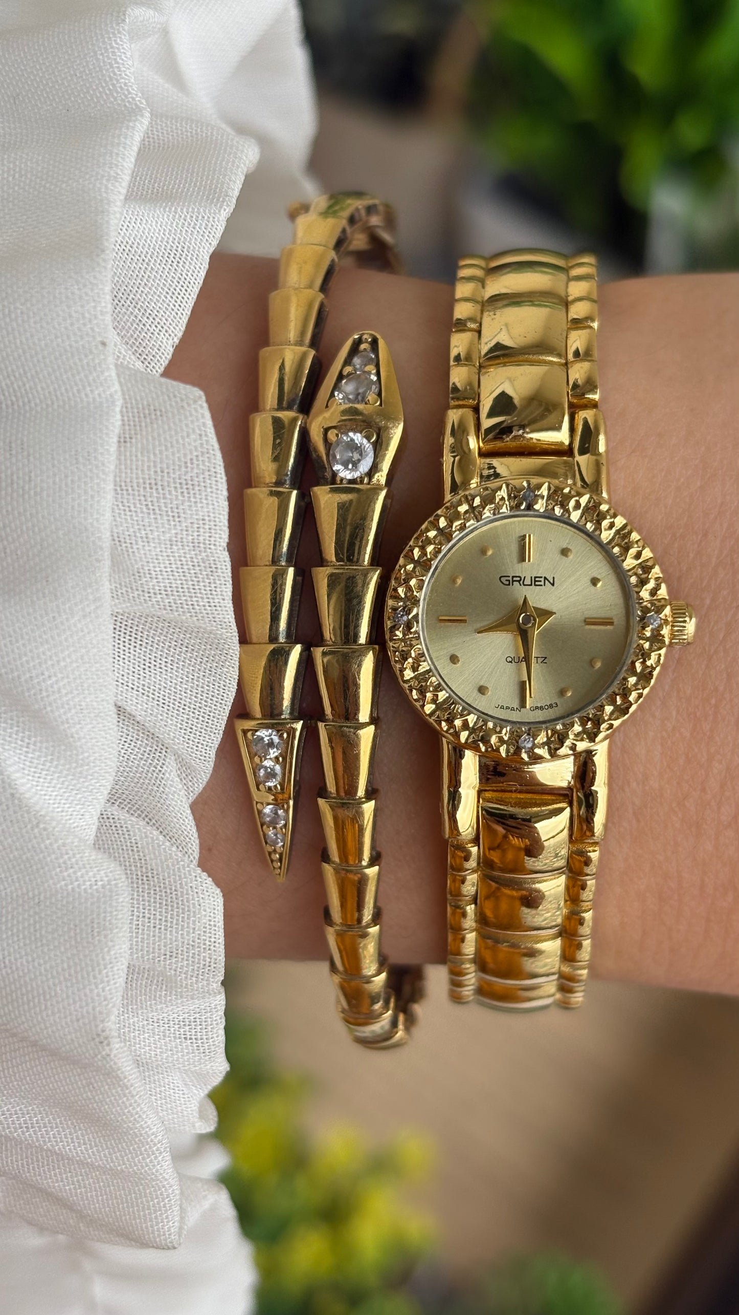 Extremely Rare and Dainty Vintage Gruen Bejeweled Watch in Gold Tone with 4 Genuine Diamonds